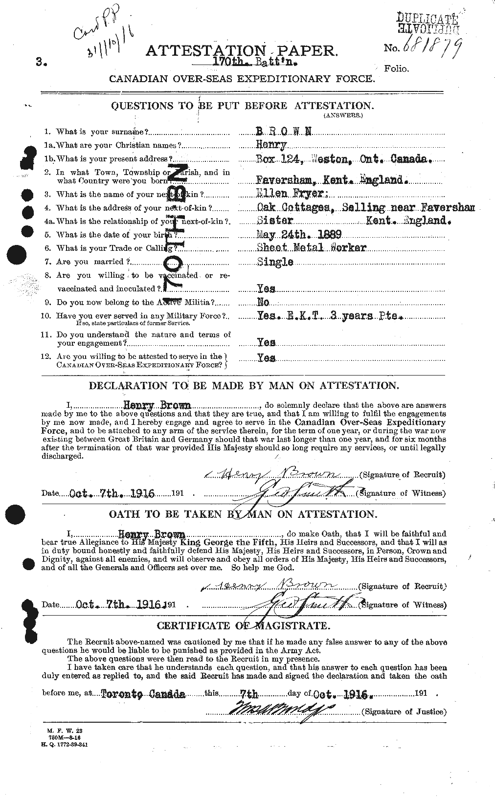 Dossiers du Personnel de la Première Guerre mondiale - CEC 265502a