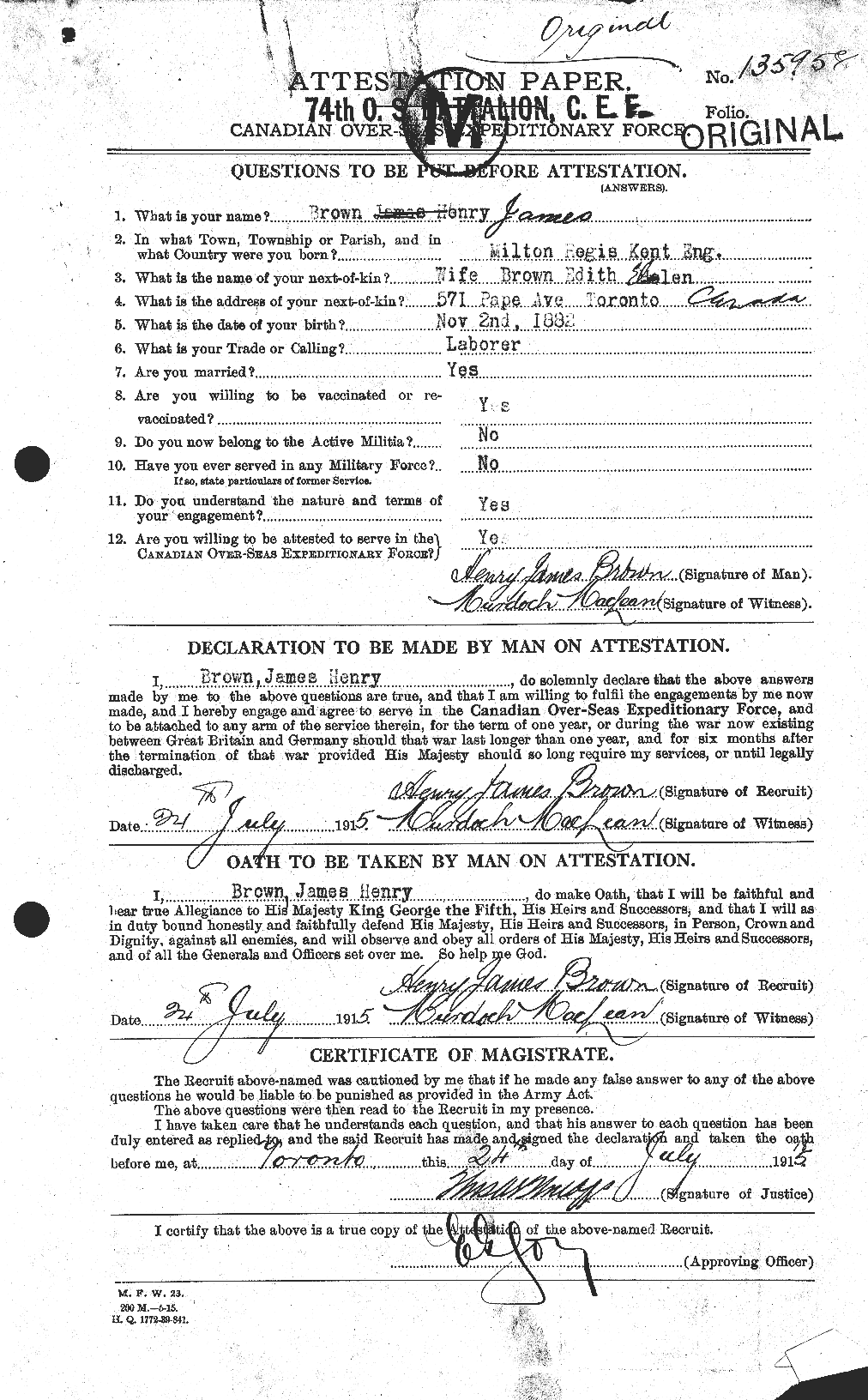 Dossiers du Personnel de la Première Guerre mondiale - CEC 265532a