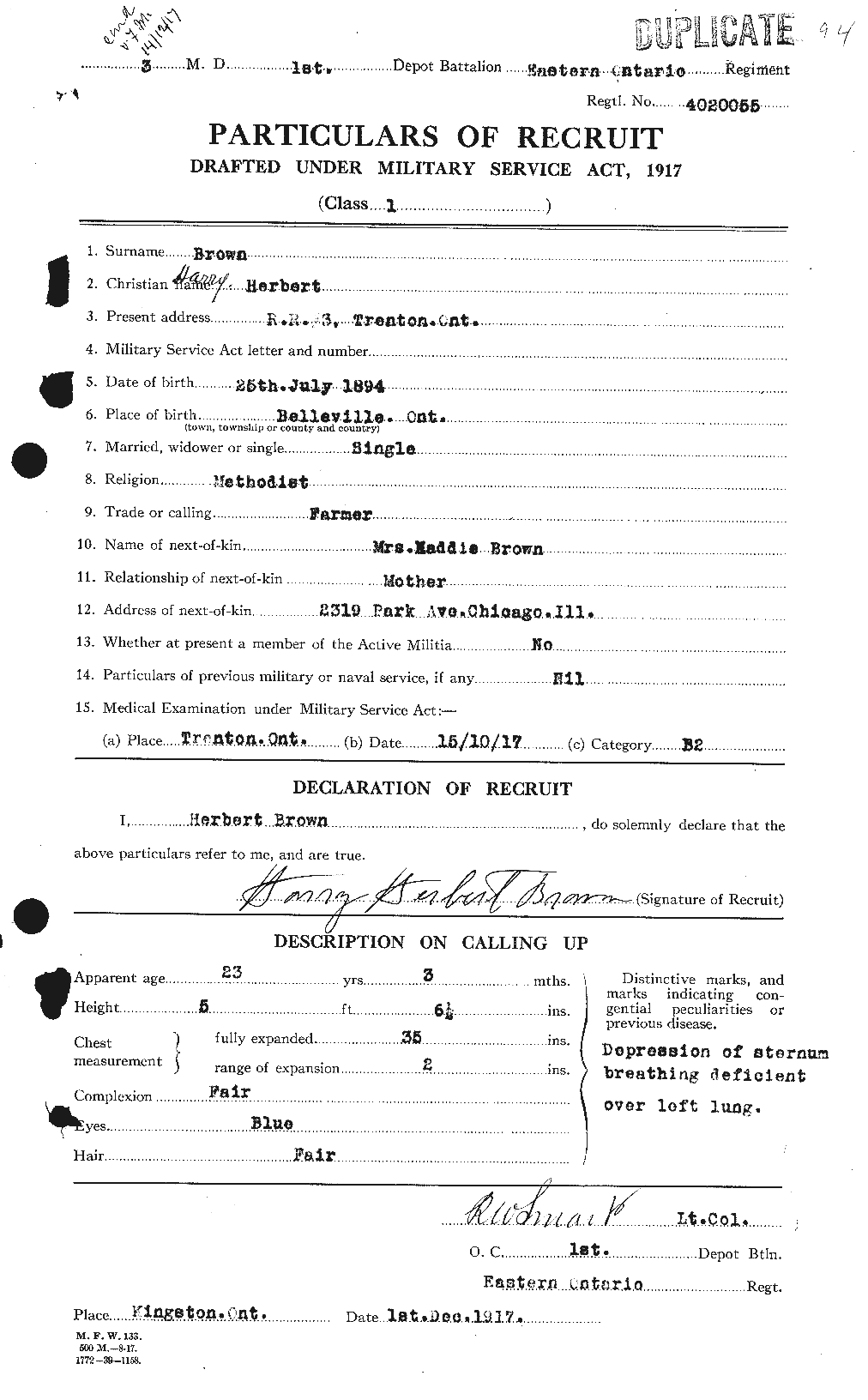 Dossiers du Personnel de la Première Guerre mondiale - CEC 265551a