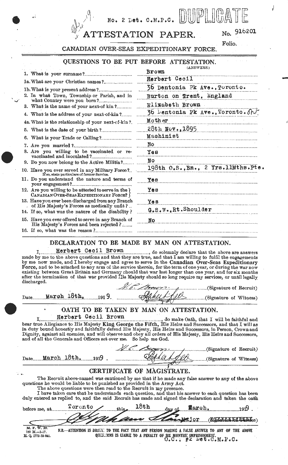 Dossiers du Personnel de la Première Guerre mondiale - CEC 265563a