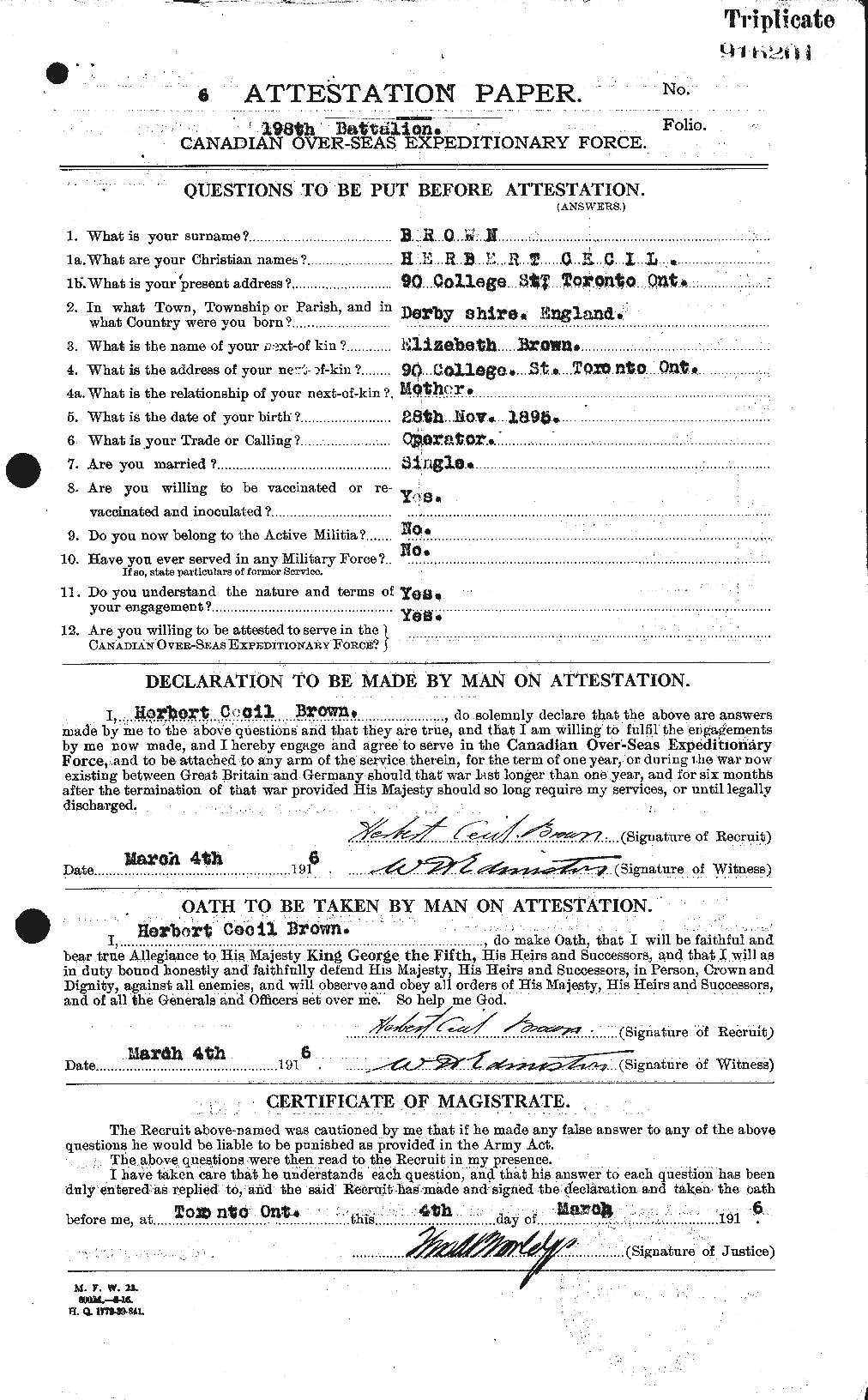 Dossiers du Personnel de la Première Guerre mondiale - CEC 265564a