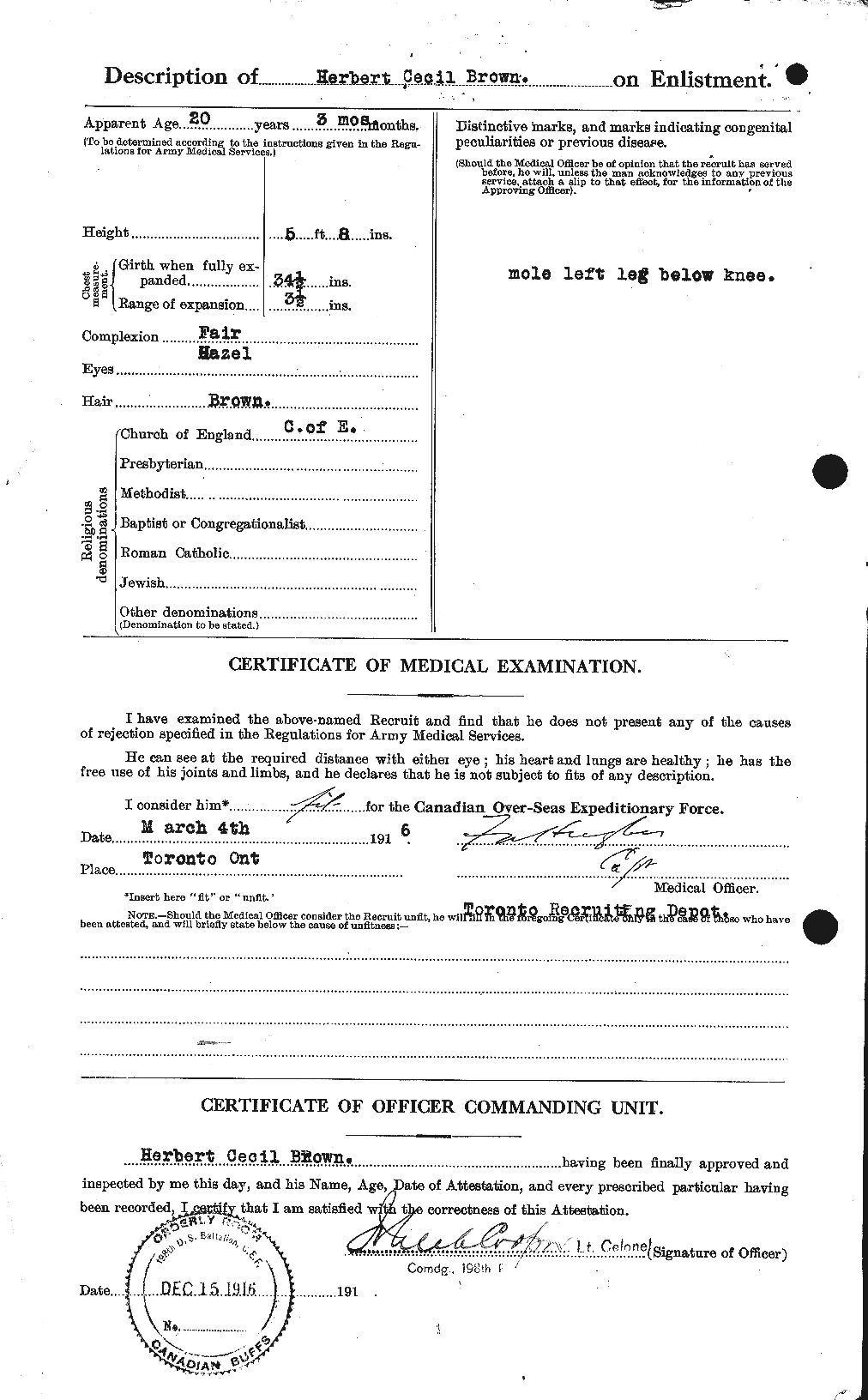 Dossiers du Personnel de la Première Guerre mondiale - CEC 265564b