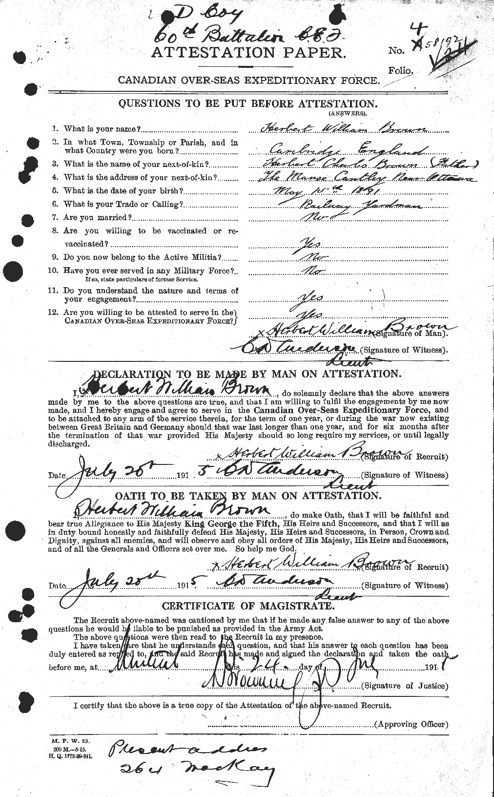 Dossiers du Personnel de la Première Guerre mondiale - CEC 265594a