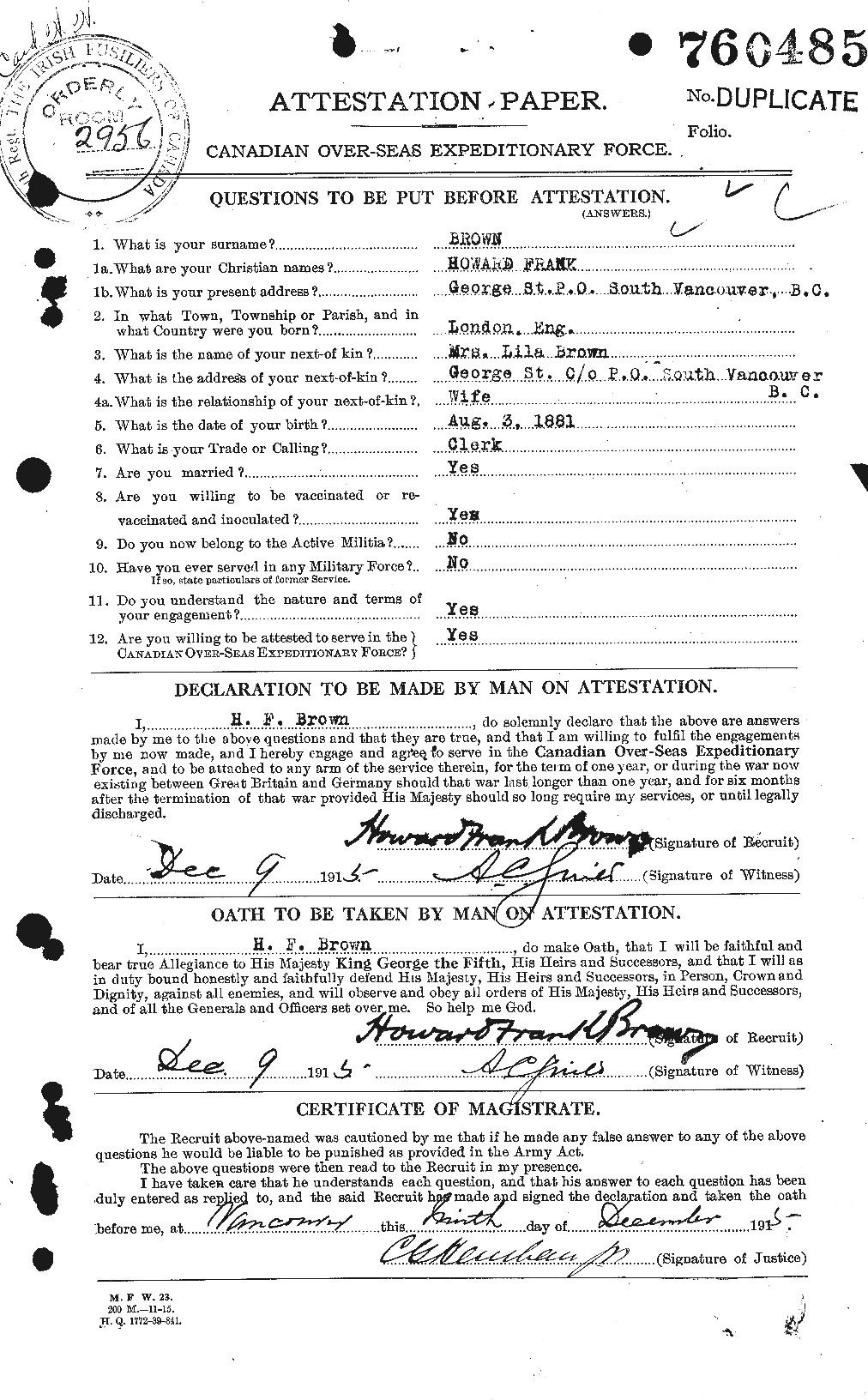 Dossiers du Personnel de la Première Guerre mondiale - CEC 265617a