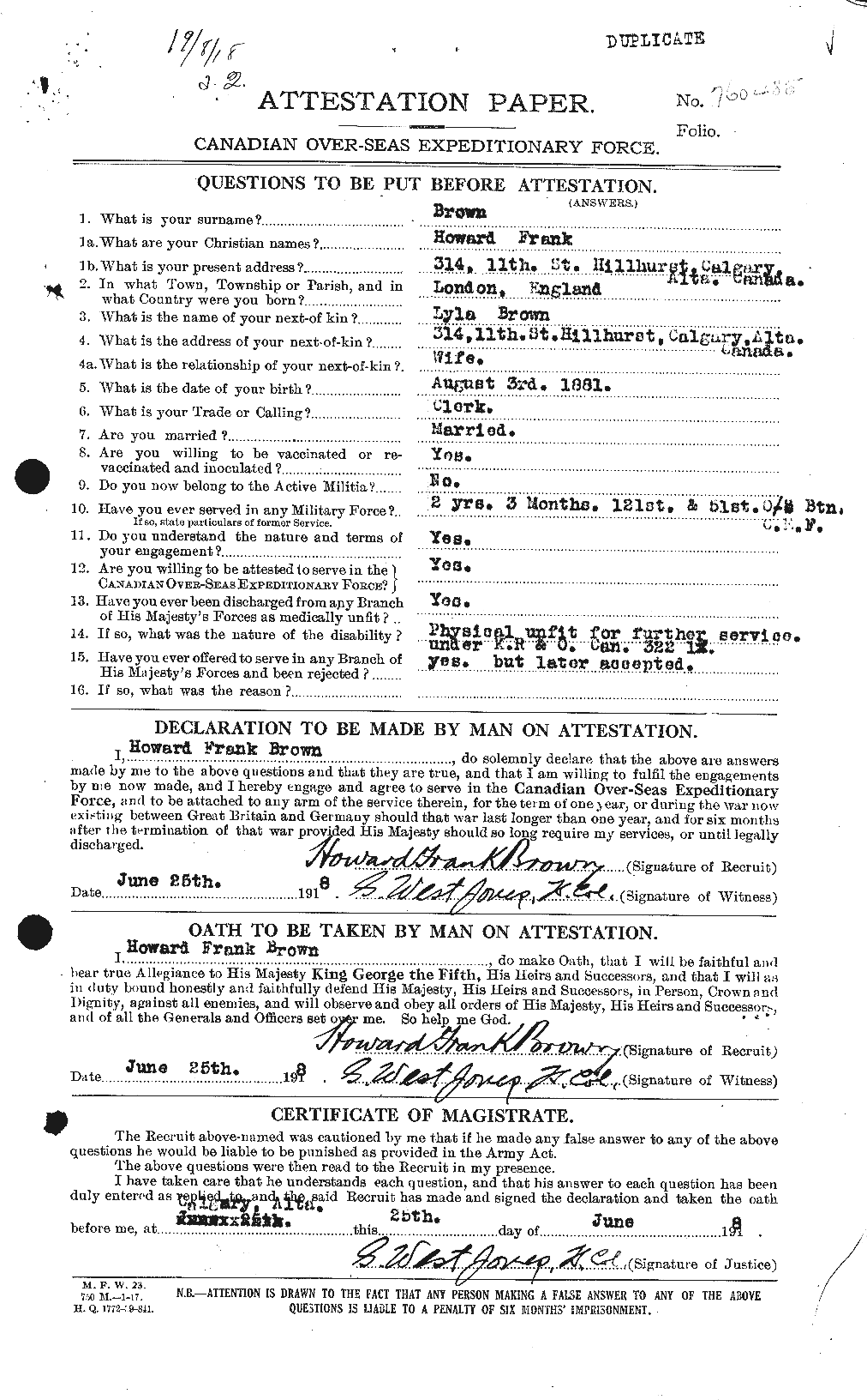 Dossiers du Personnel de la Première Guerre mondiale - CEC 265618a