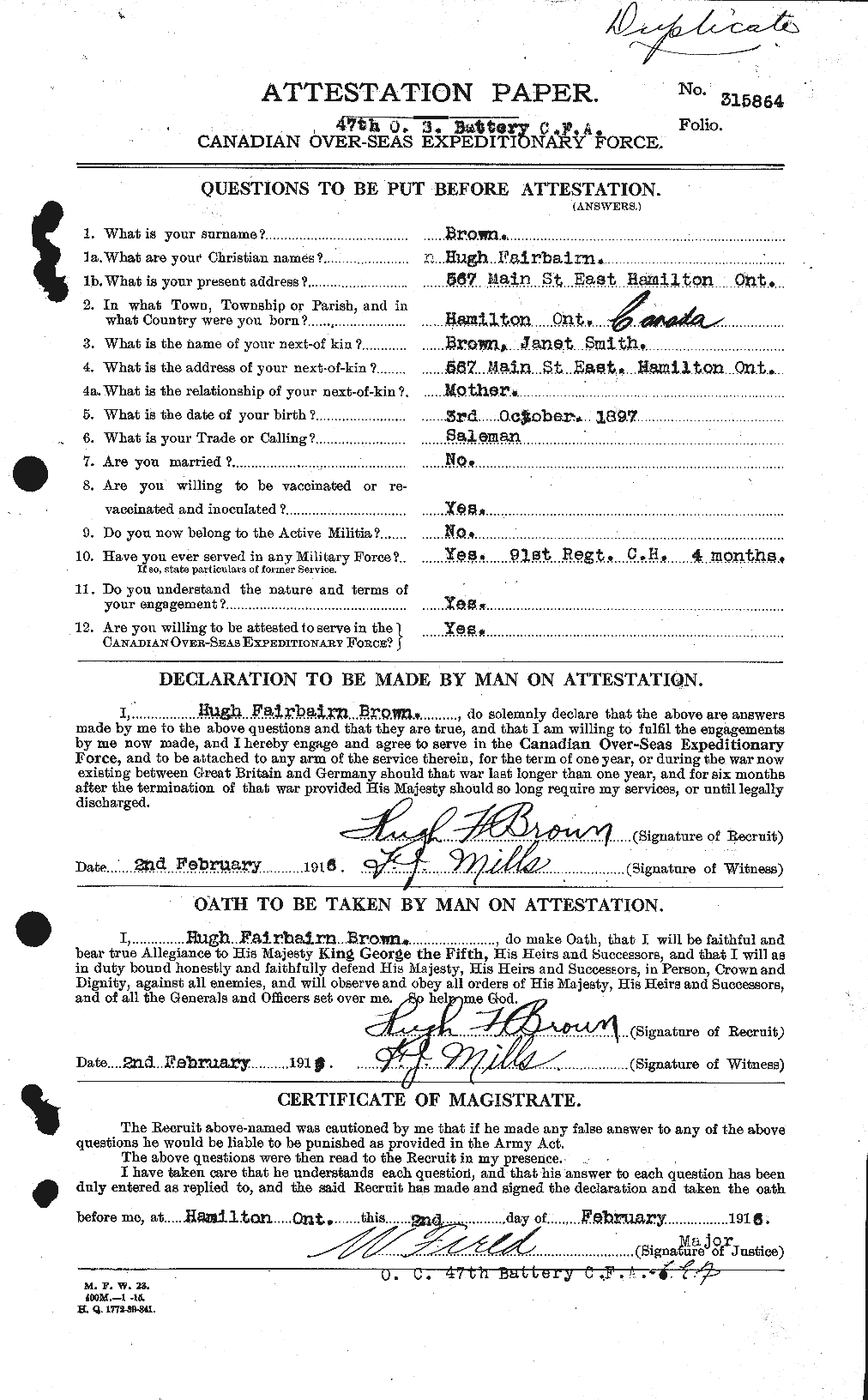 Dossiers du Personnel de la Première Guerre mondiale - CEC 265647a