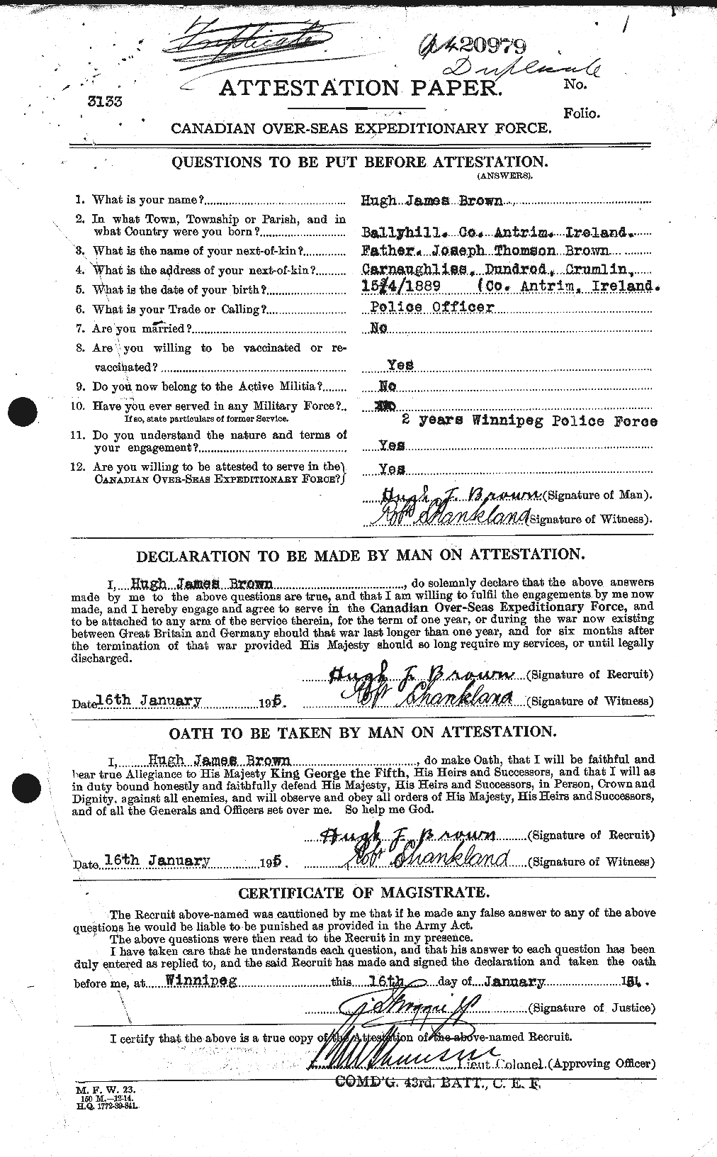 Dossiers du Personnel de la Première Guerre mondiale - CEC 265651a