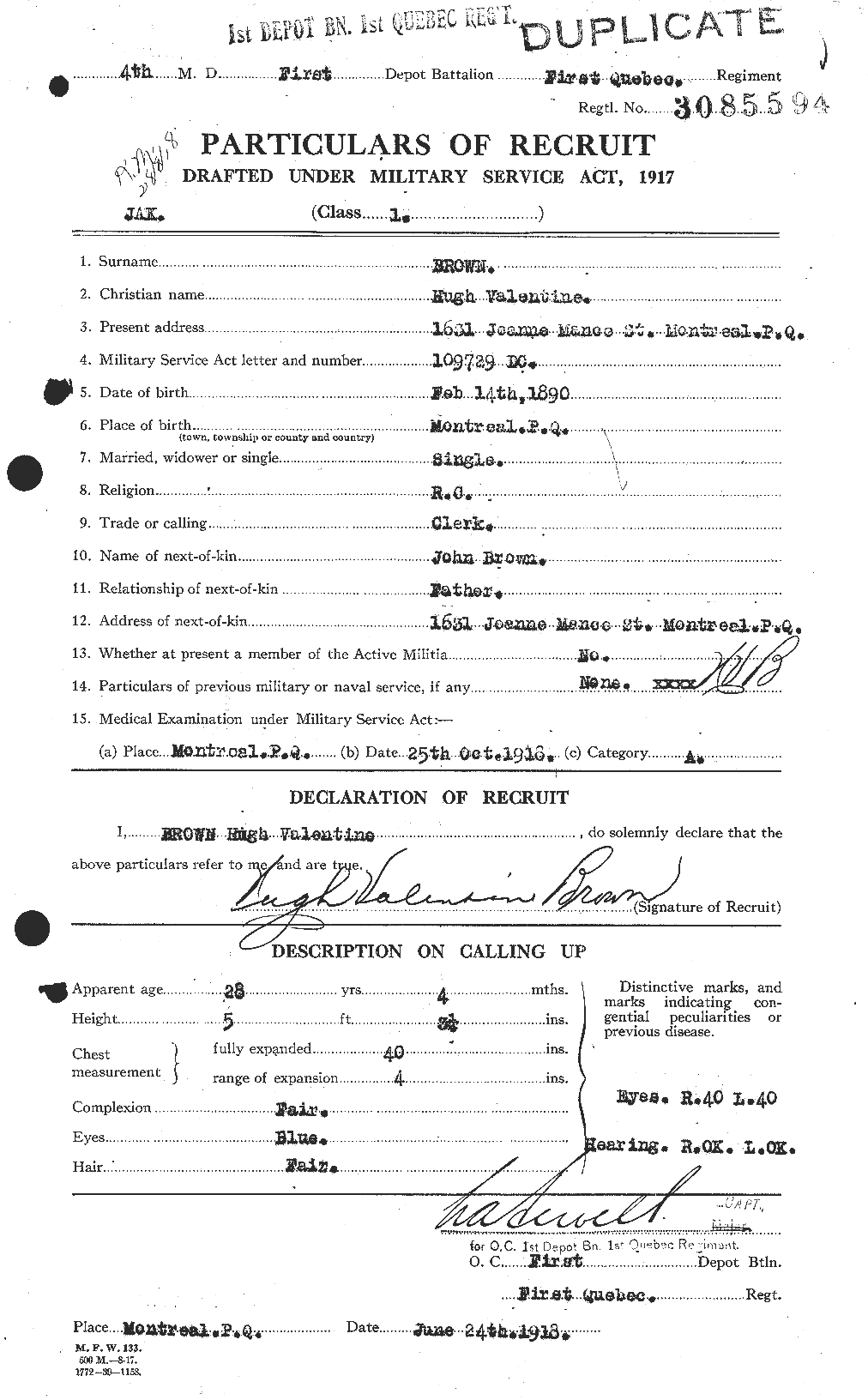 Dossiers du Personnel de la Première Guerre mondiale - CEC 265654a
