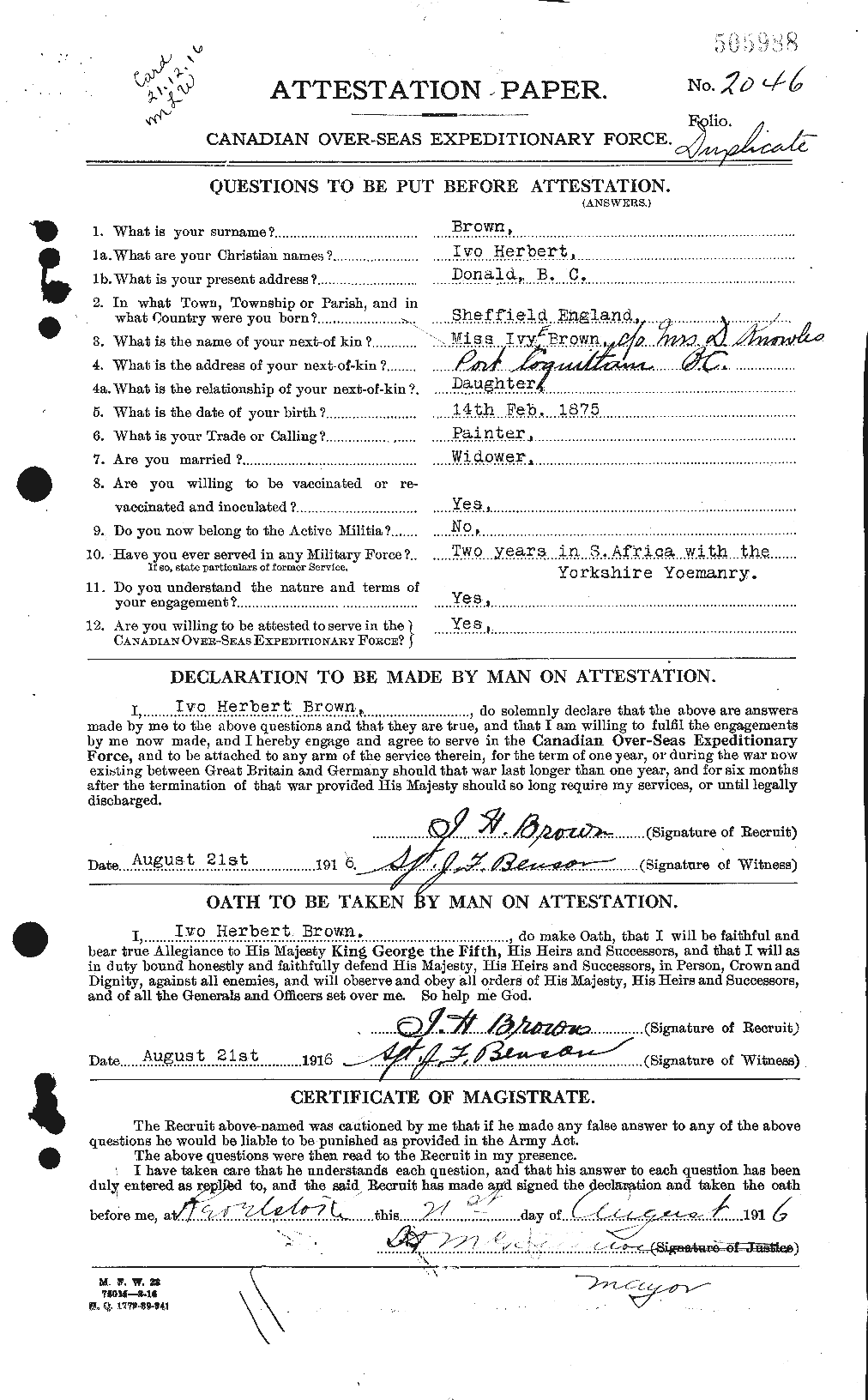 Dossiers du Personnel de la Première Guerre mondiale - CEC 265672a