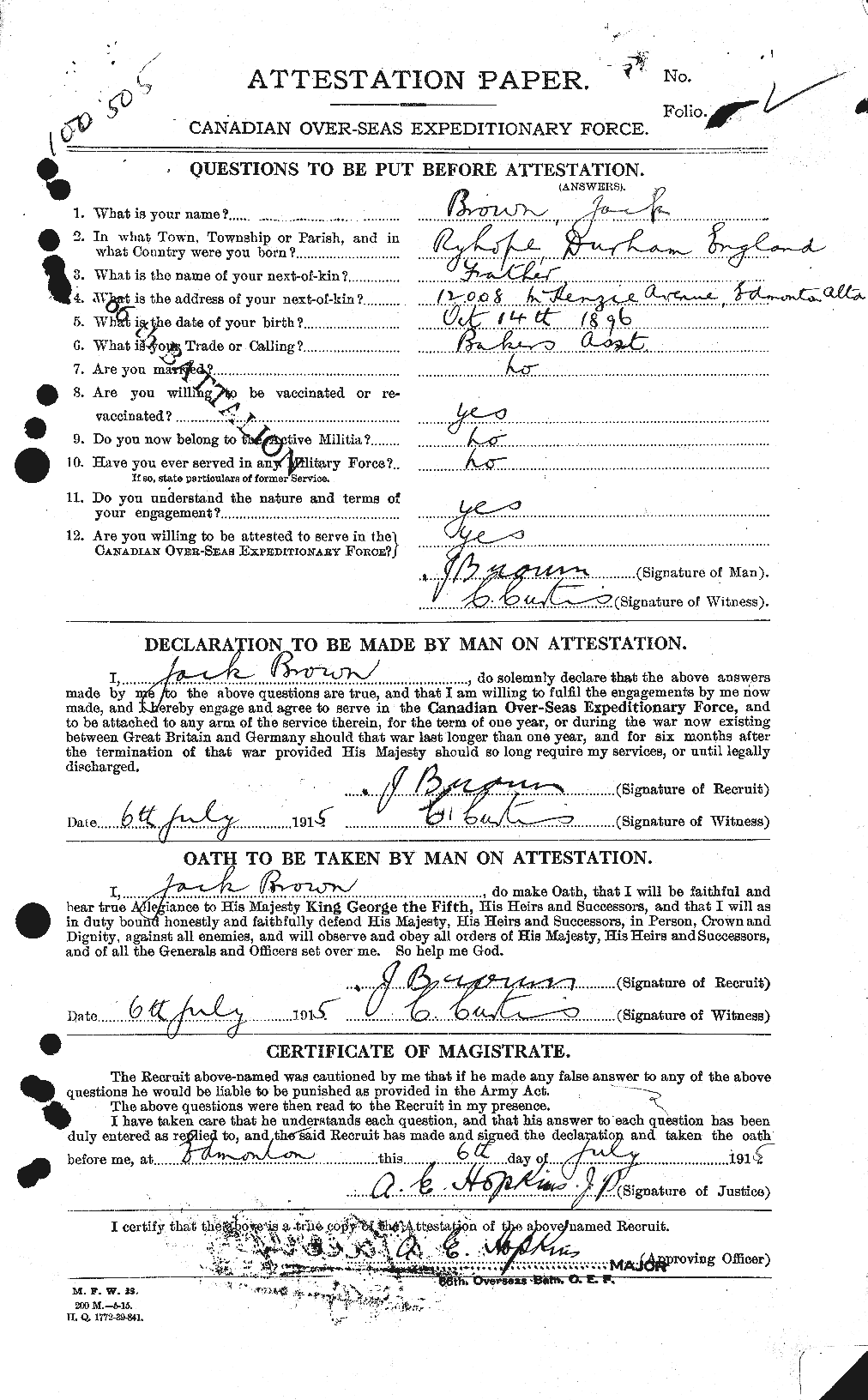 Dossiers du Personnel de la Première Guerre mondiale - CEC 265681a