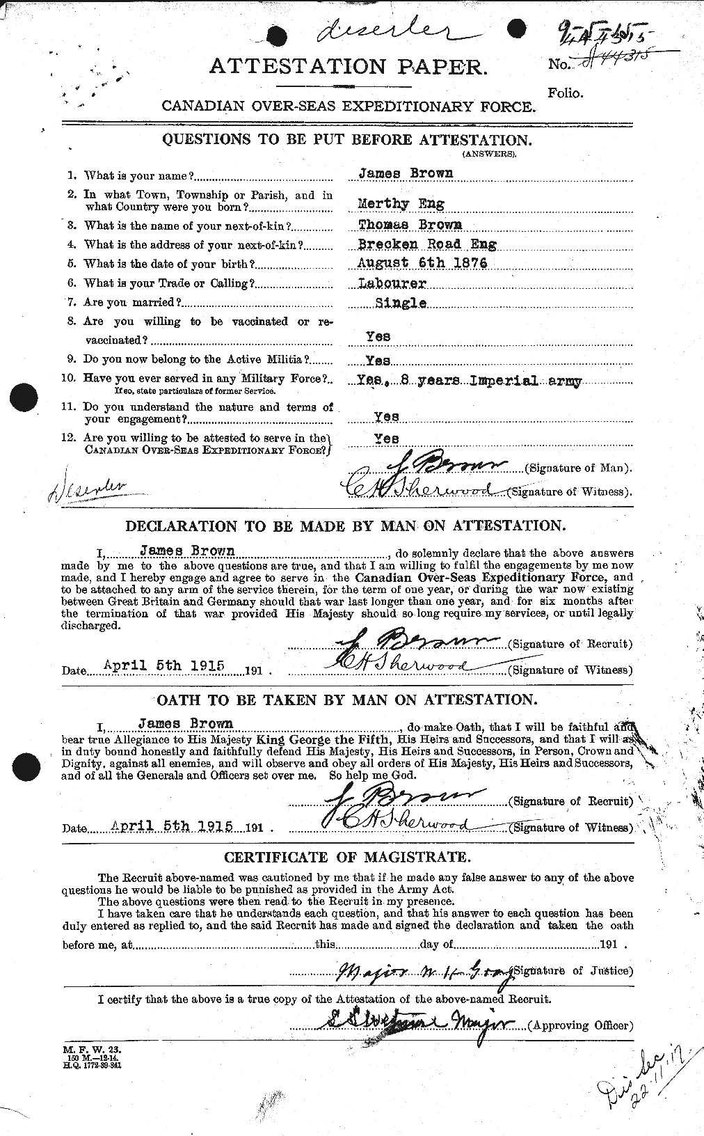Dossiers du Personnel de la Première Guerre mondiale - CEC 265729a