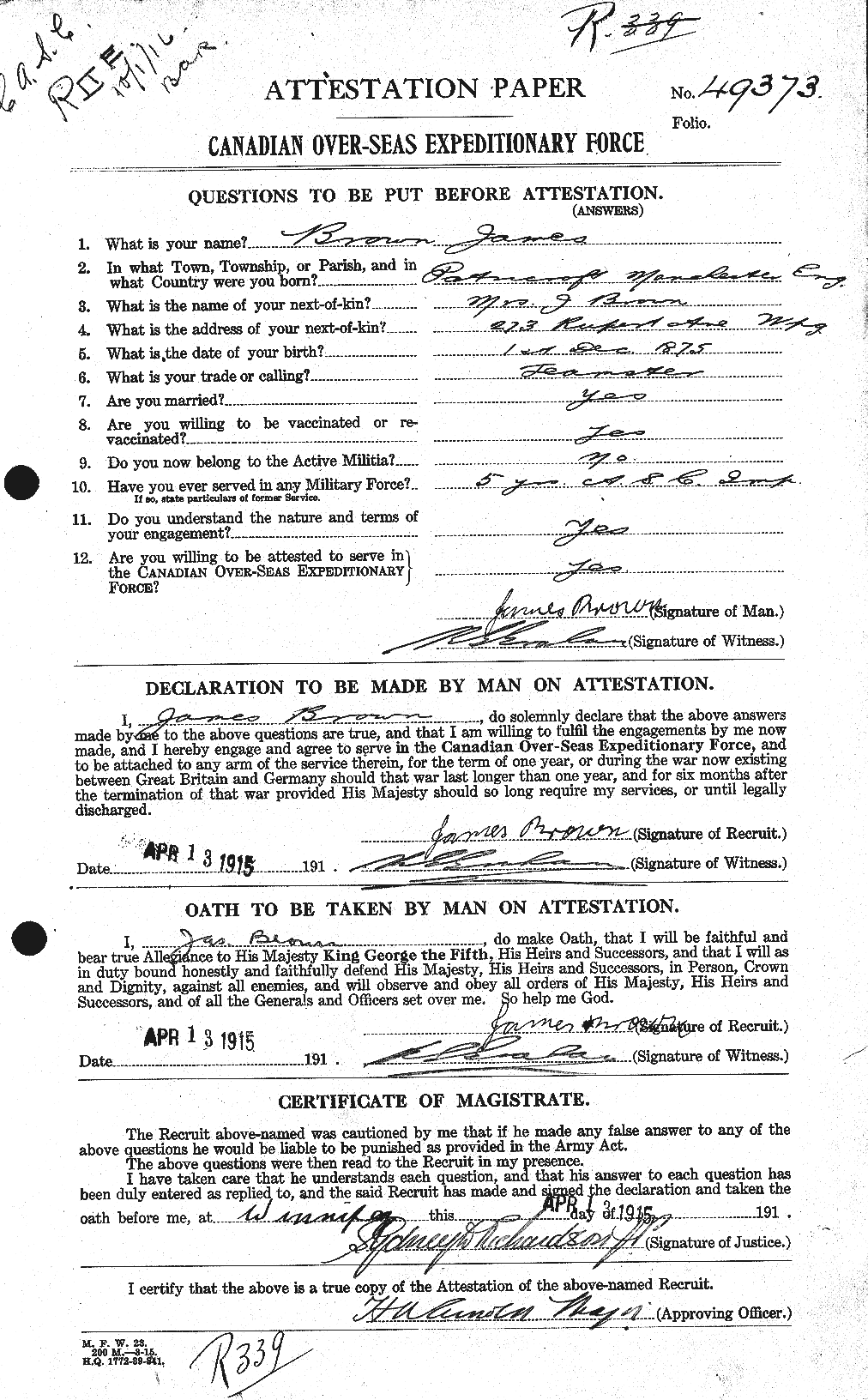 Dossiers du Personnel de la Première Guerre mondiale - CEC 265761a