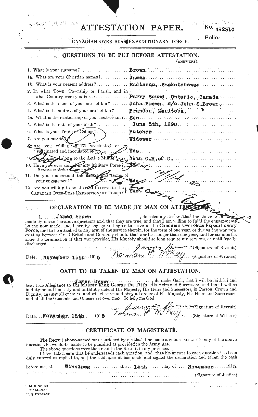 Dossiers du Personnel de la Première Guerre mondiale - CEC 265764a