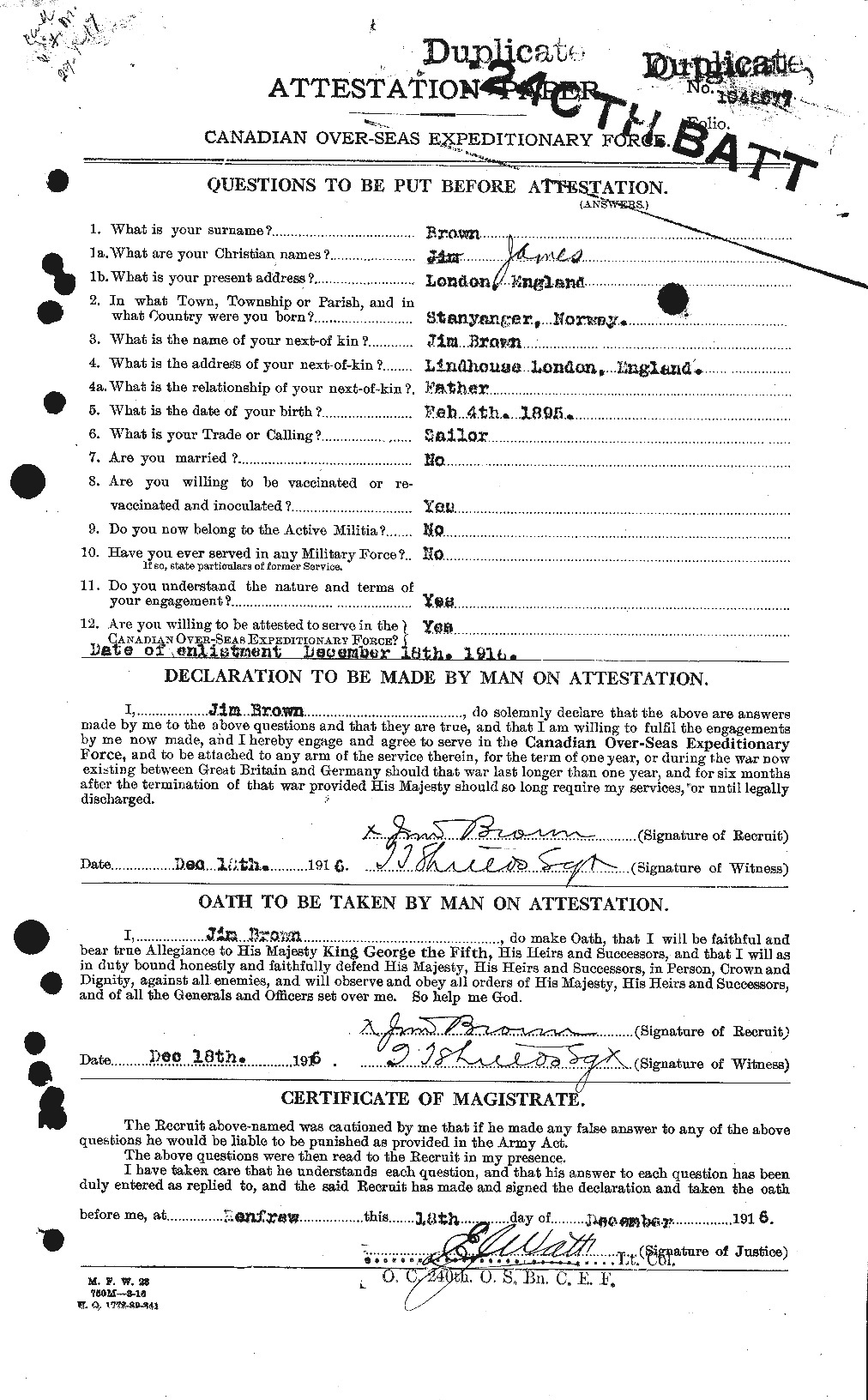 Dossiers du Personnel de la Première Guerre mondiale - CEC 265766a