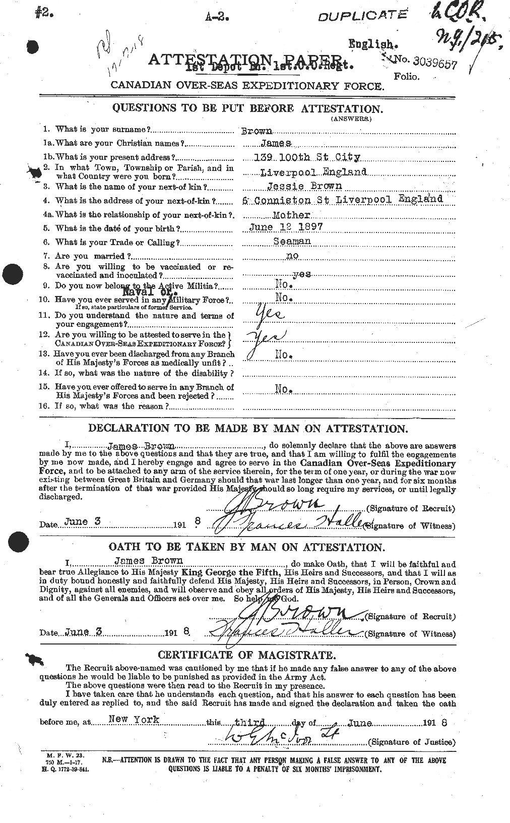 Dossiers du Personnel de la Première Guerre mondiale - CEC 265772a