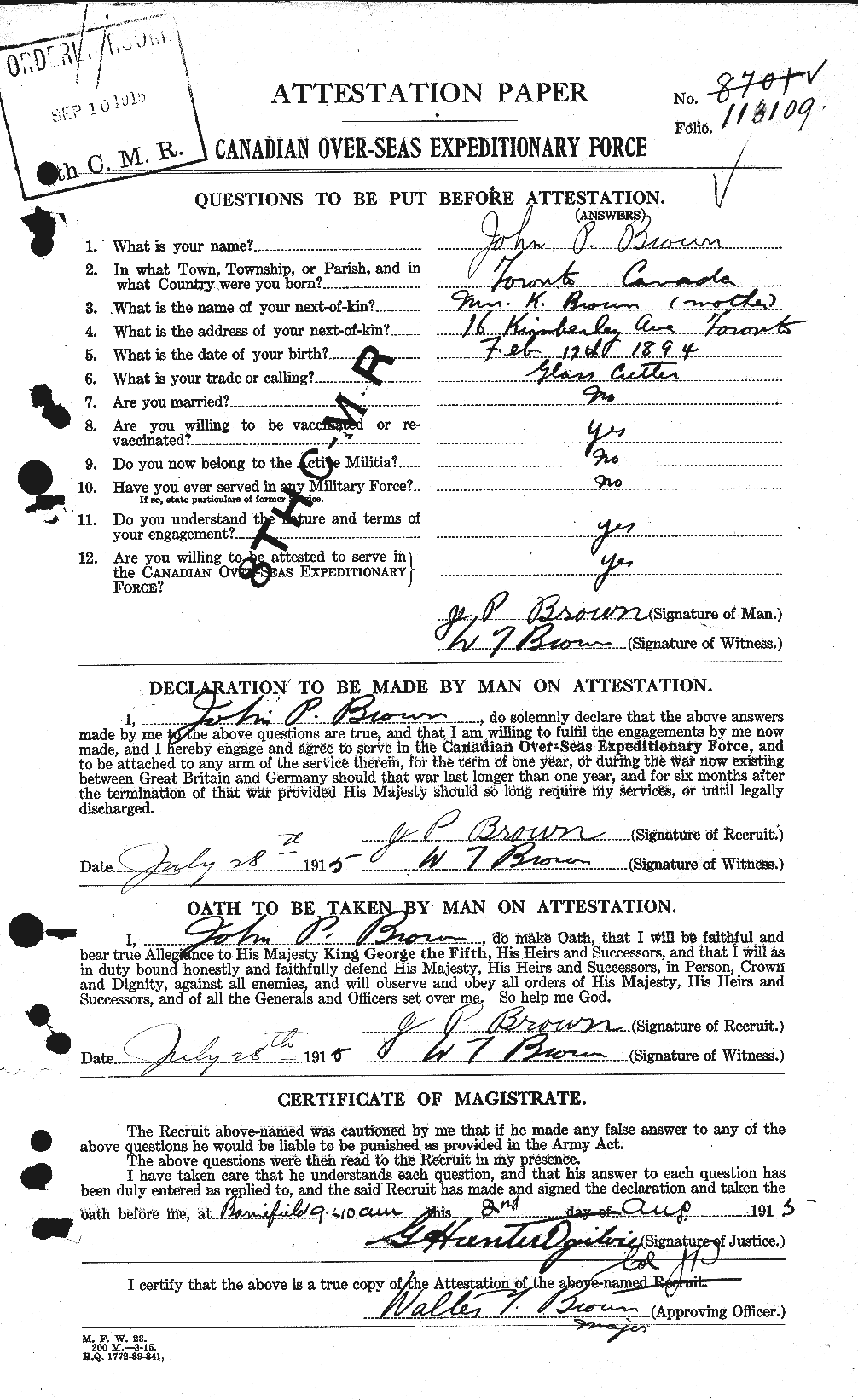 Personnel Records of the First World War - CEF 265849a