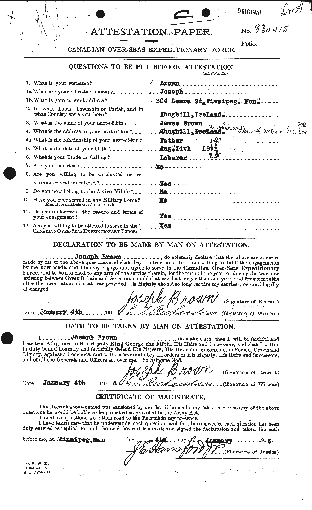 Dossiers du Personnel de la Première Guerre mondiale - CEC 265927a
