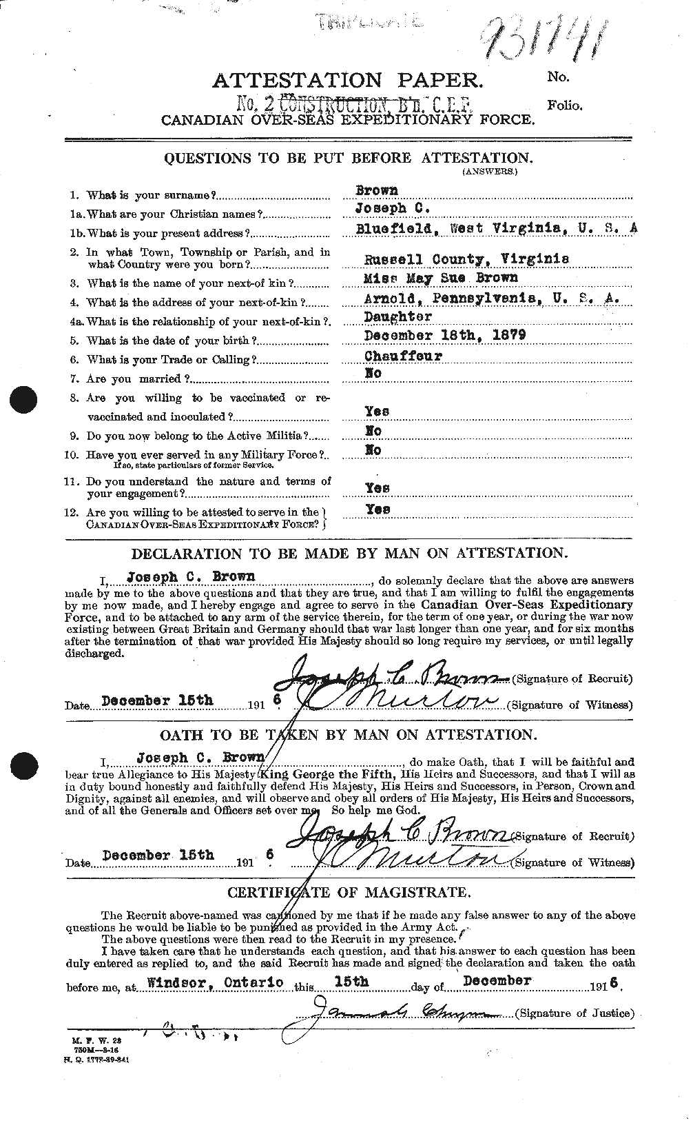 Dossiers du Personnel de la Première Guerre mondiale - CEC 265960a