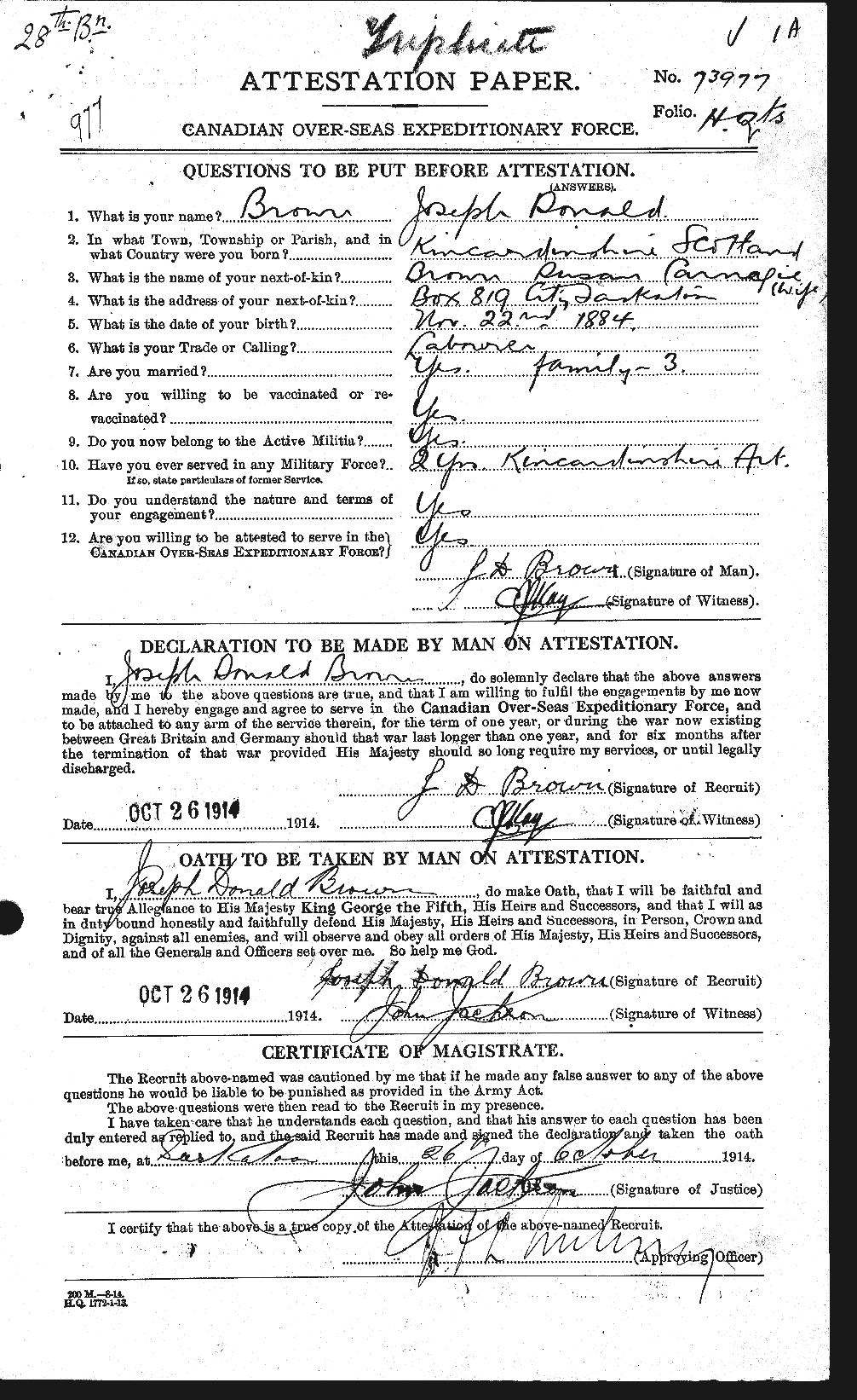 Dossiers du Personnel de la Première Guerre mondiale - CEC 265964a