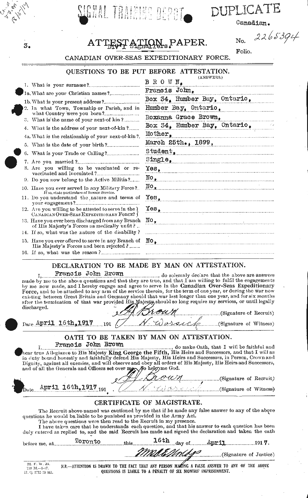 Dossiers du Personnel de la Première Guerre mondiale - CEC 266079a