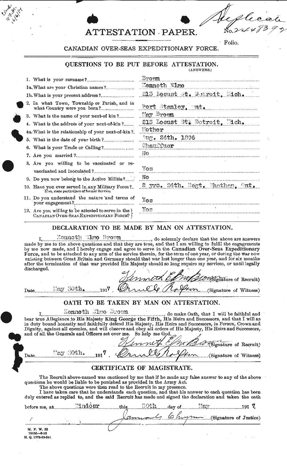 Dossiers du Personnel de la Première Guerre mondiale - CEC 266247a