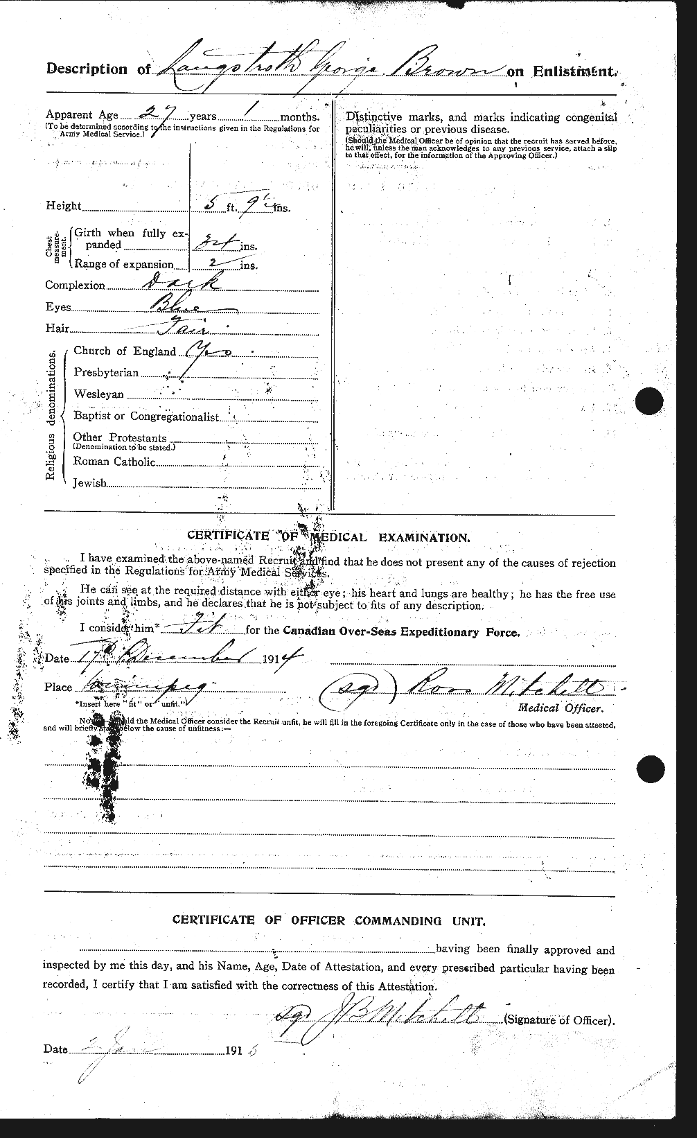 Dossiers du Personnel de la Première Guerre mondiale - CEC 266254b
