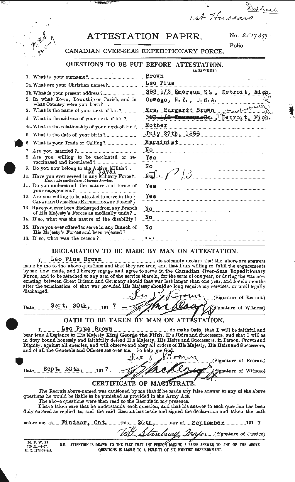Dossiers du Personnel de la Première Guerre mondiale - CEC 266284a