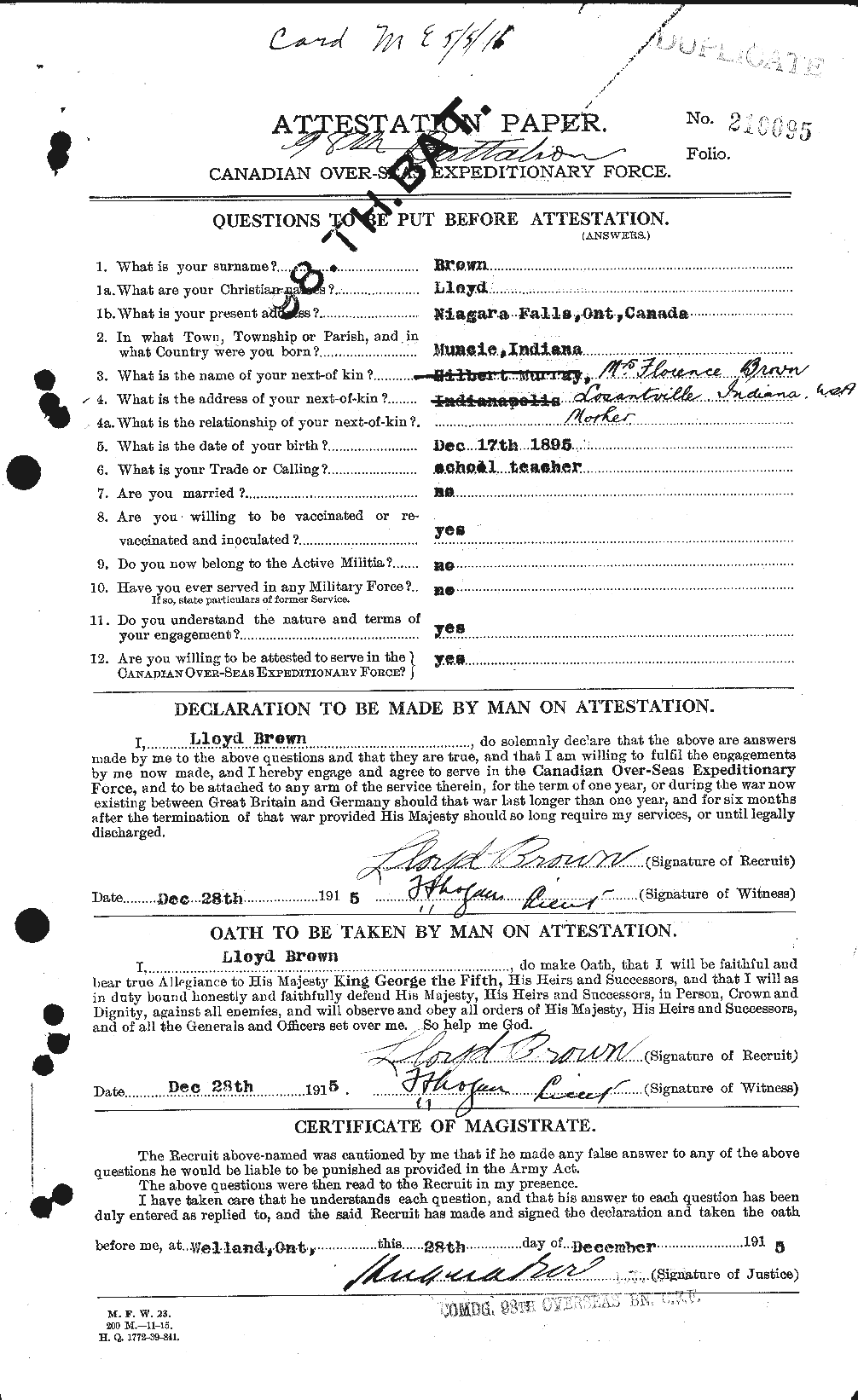 Dossiers du Personnel de la Première Guerre mondiale - CEC 266326a