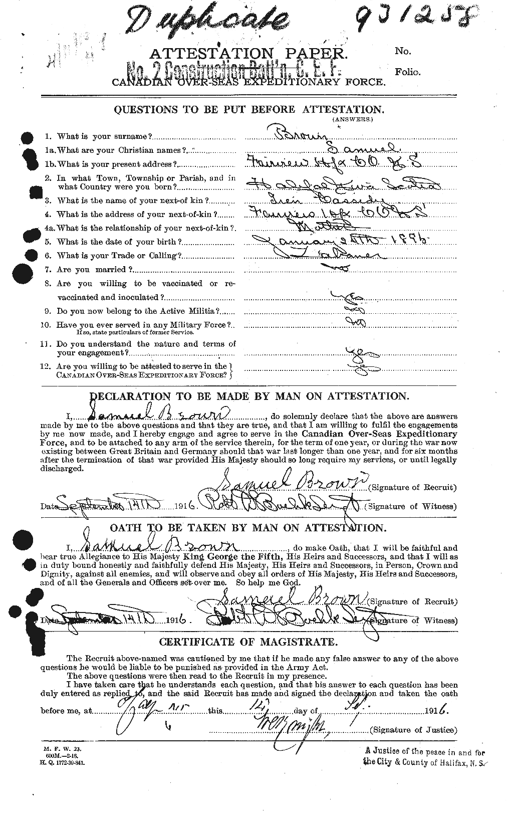 Dossiers du Personnel de la Première Guerre mondiale - CEC 266382a