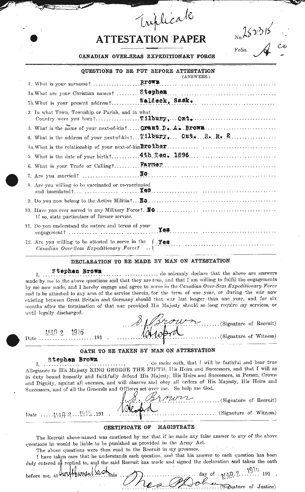 Dossiers du Personnel de la Première Guerre mondiale - CEC 266442a