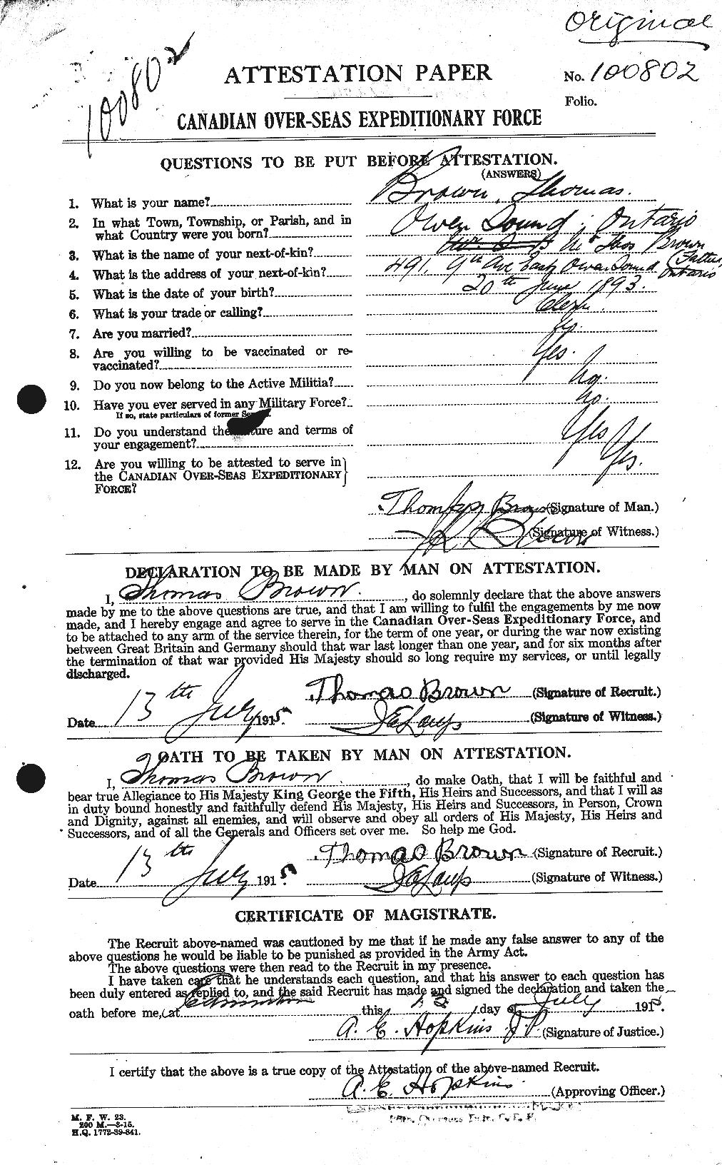 Personnel Records of the First World War - CEF 266520a