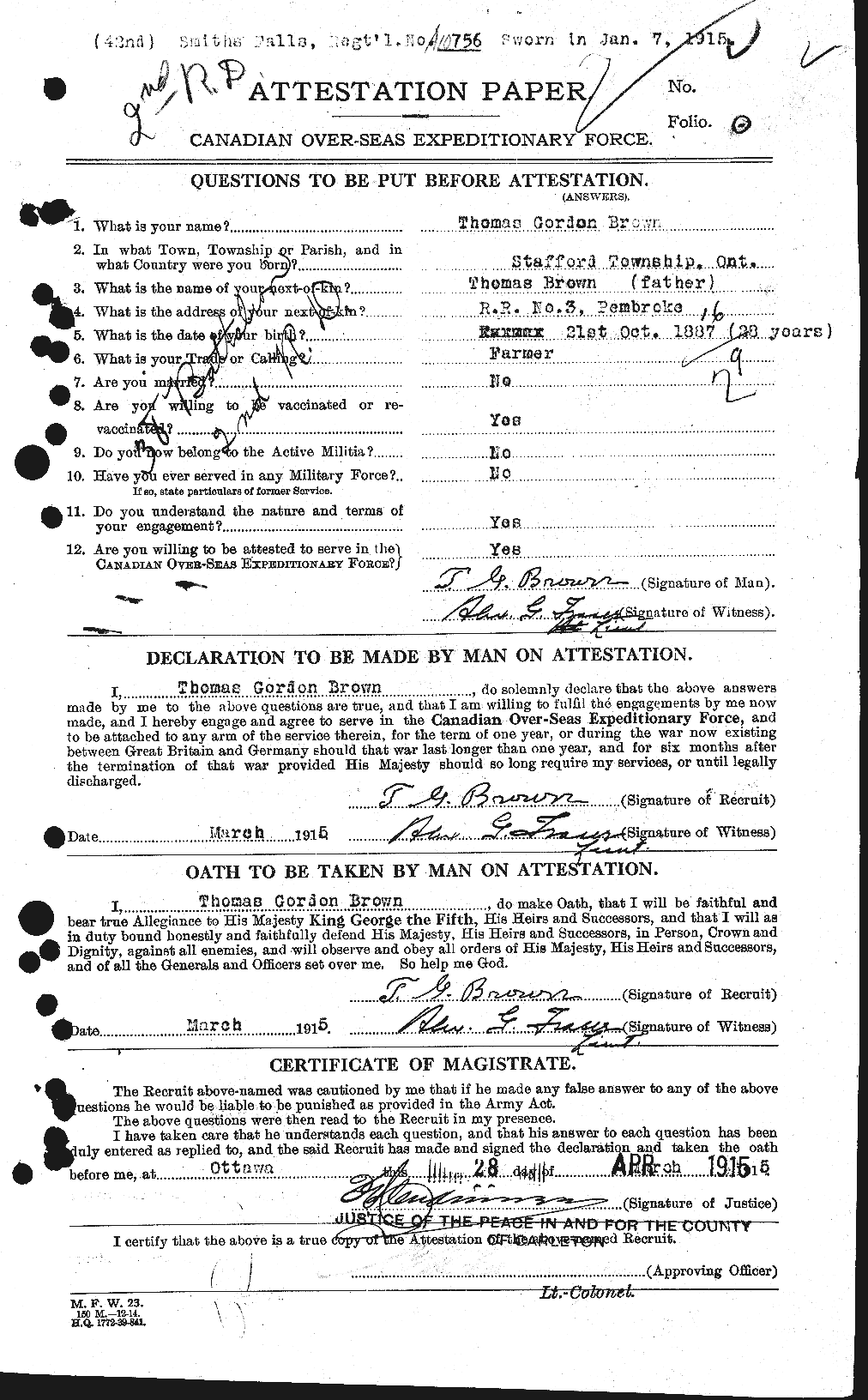 Dossiers du Personnel de la Première Guerre mondiale - CEC 266552a
