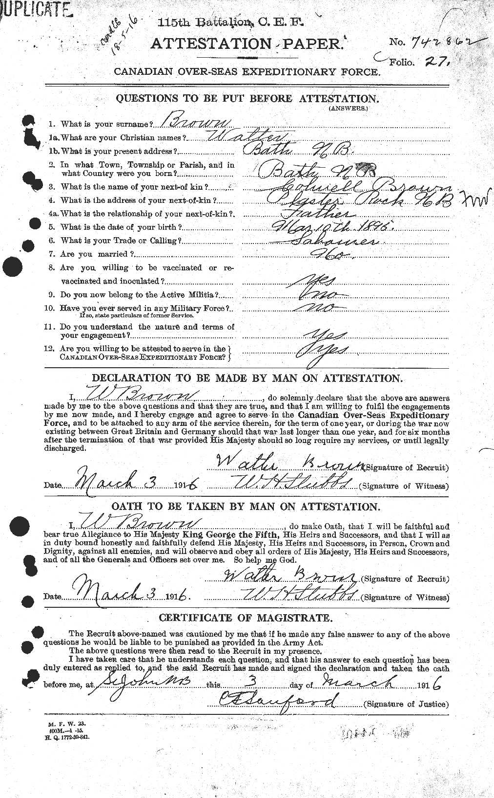 Dossiers du Personnel de la Première Guerre mondiale - CEC 266653a