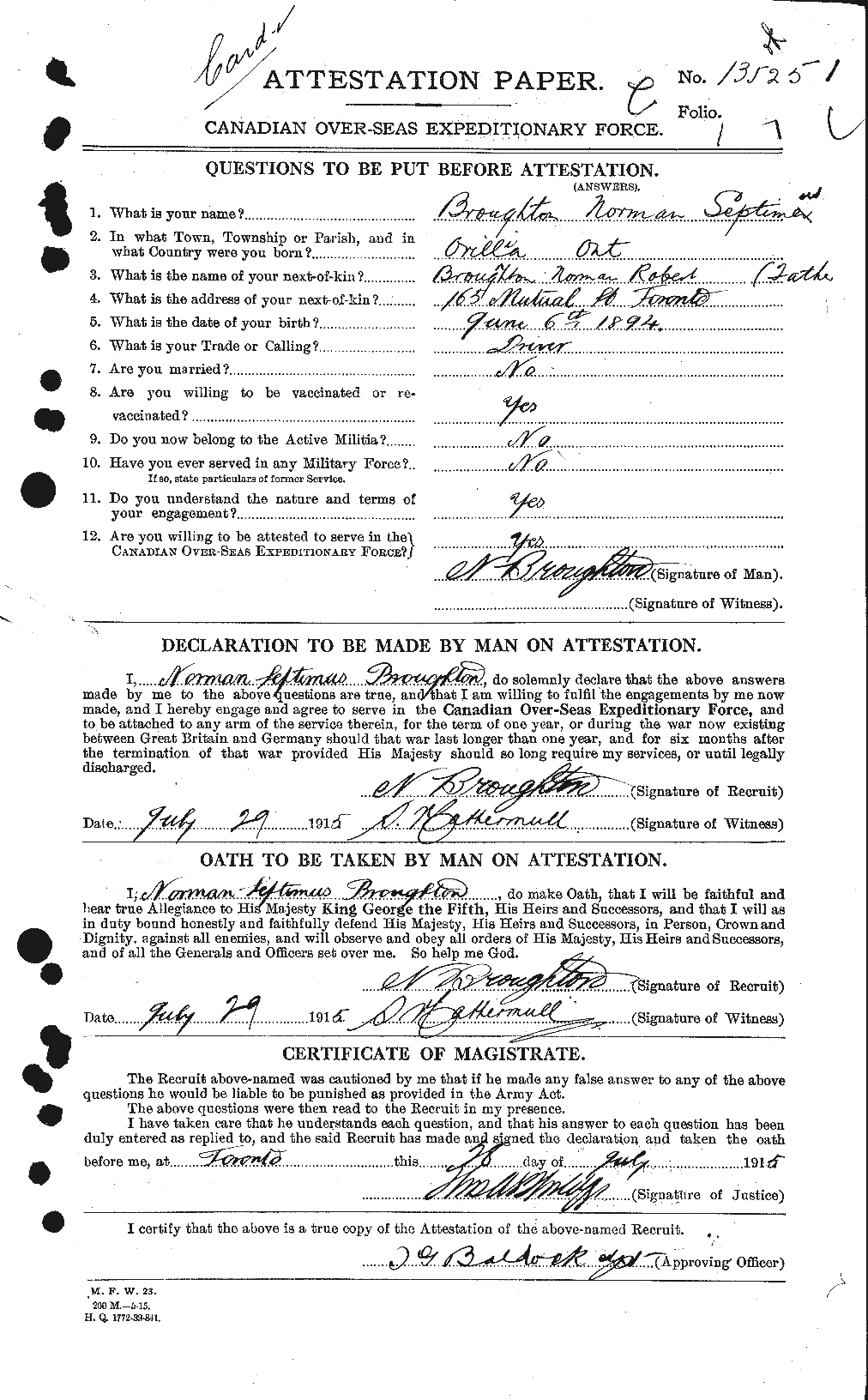 Dossiers du Personnel de la Première Guerre mondiale - CEC 266698a