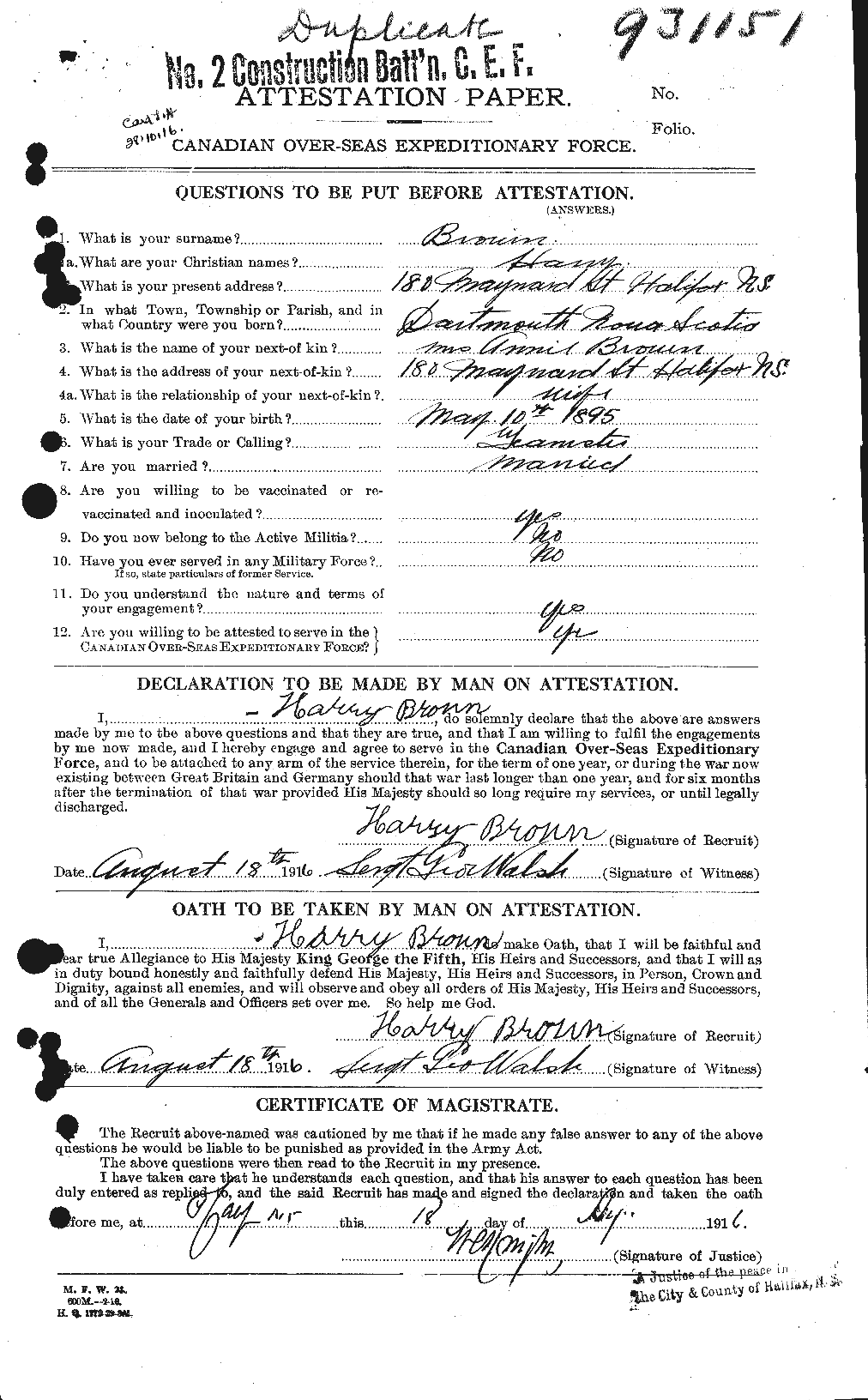 Dossiers du Personnel de la Première Guerre mondiale - CEC 266743a