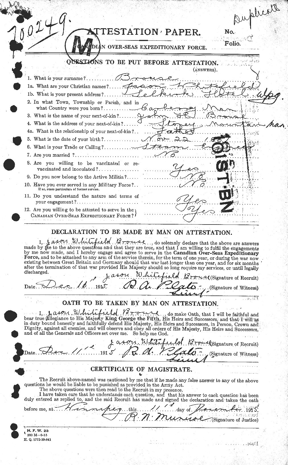 Dossiers du Personnel de la Première Guerre mondiale - CEC 266756a