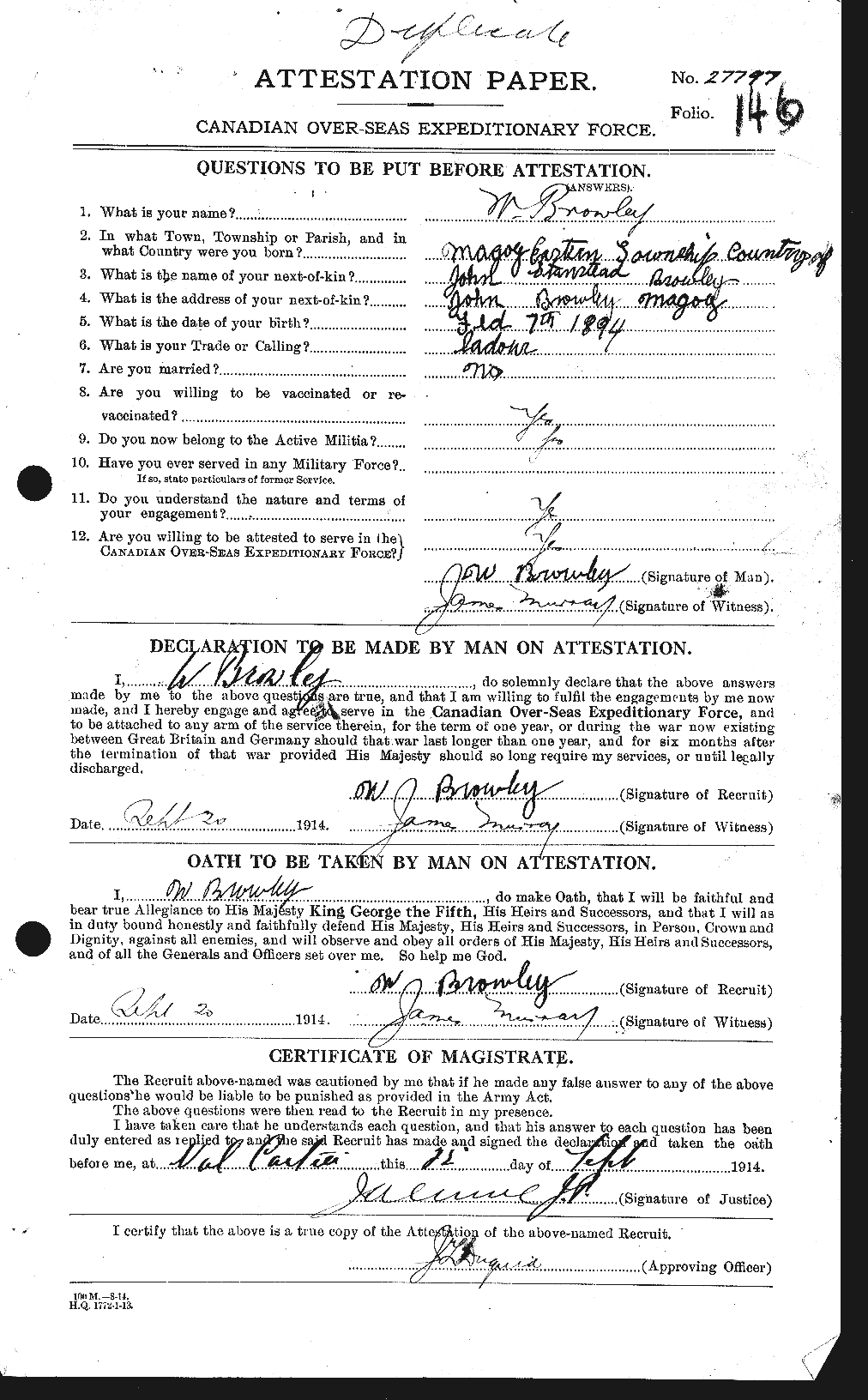 Dossiers du Personnel de la Première Guerre mondiale - CEC 266850a