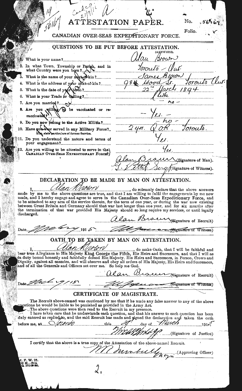 Dossiers du Personnel de la Première Guerre mondiale - CEC 266865a