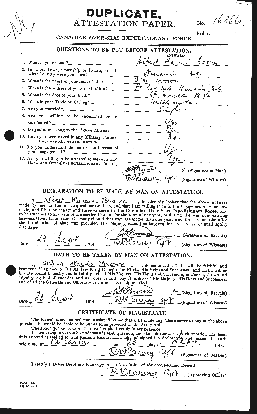 Dossiers du Personnel de la Première Guerre mondiale - CEC 266916a