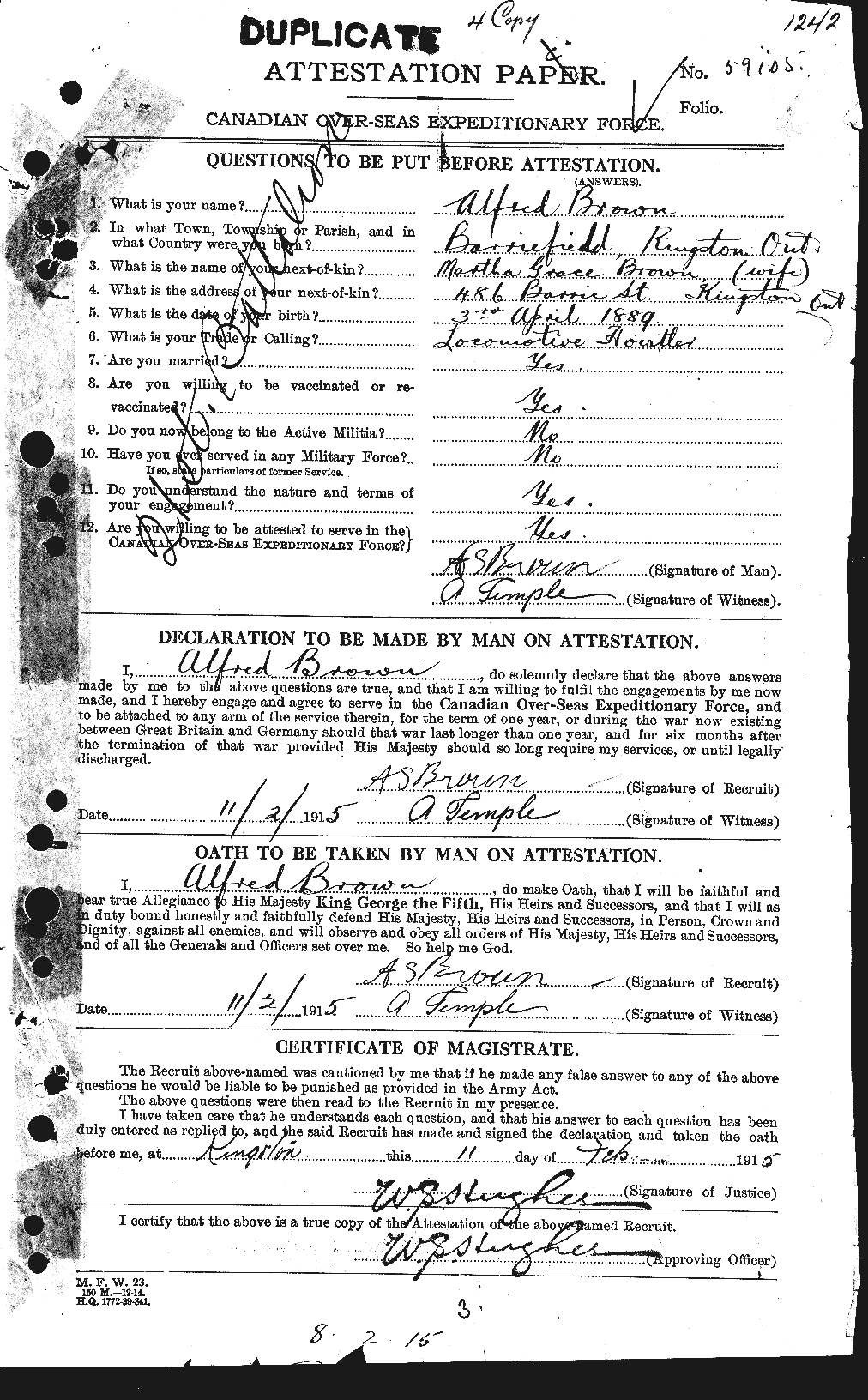 Dossiers du Personnel de la Première Guerre mondiale - CEC 266987a