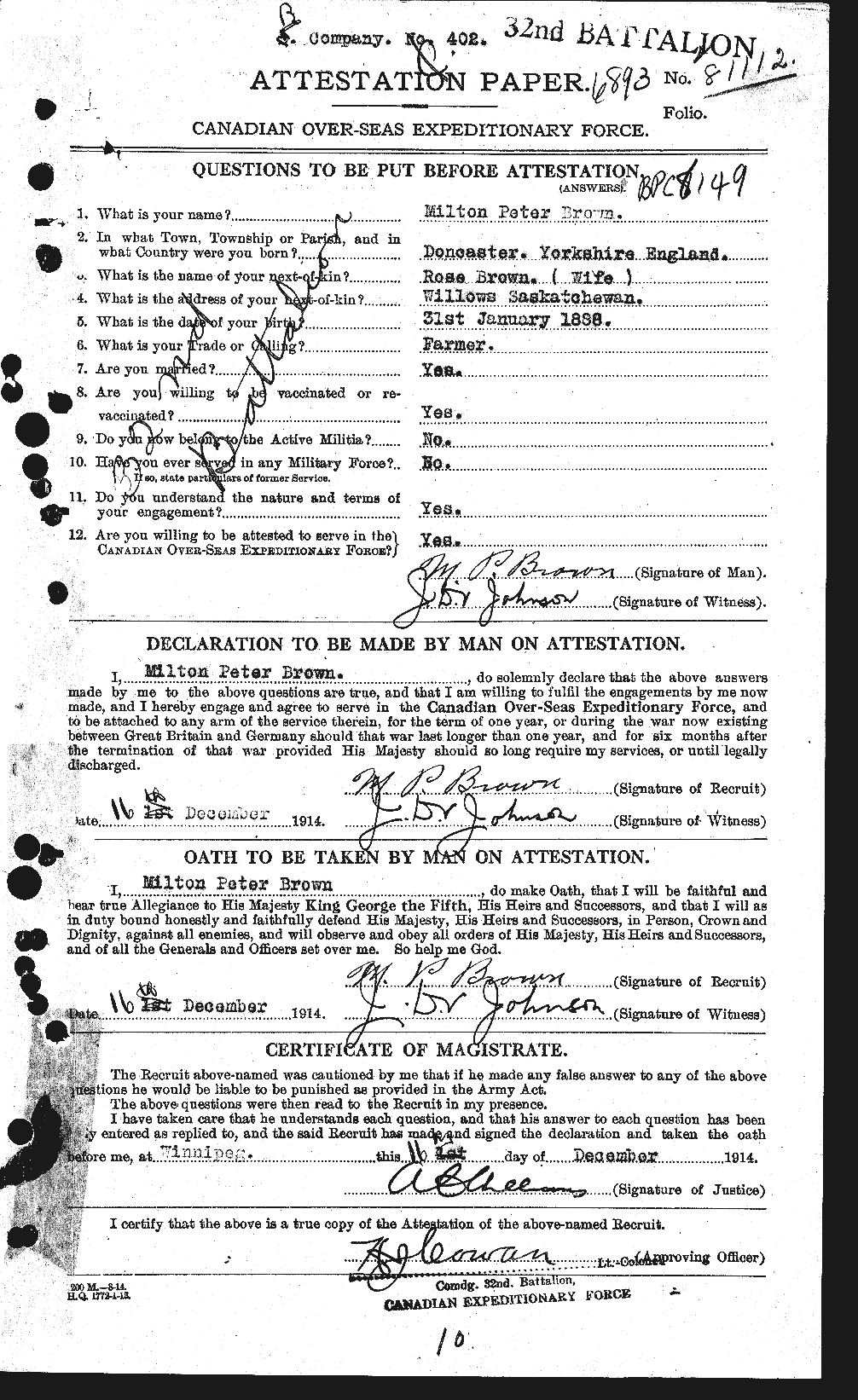 Dossiers du Personnel de la Première Guerre mondiale - CEC 267072a
