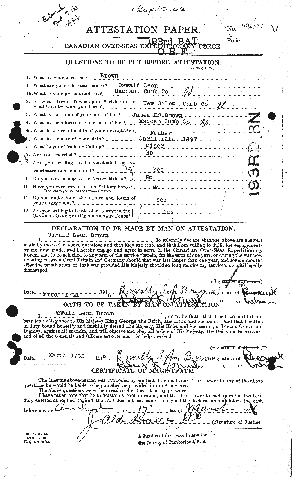 Dossiers du Personnel de la Première Guerre mondiale - CEC 267143a