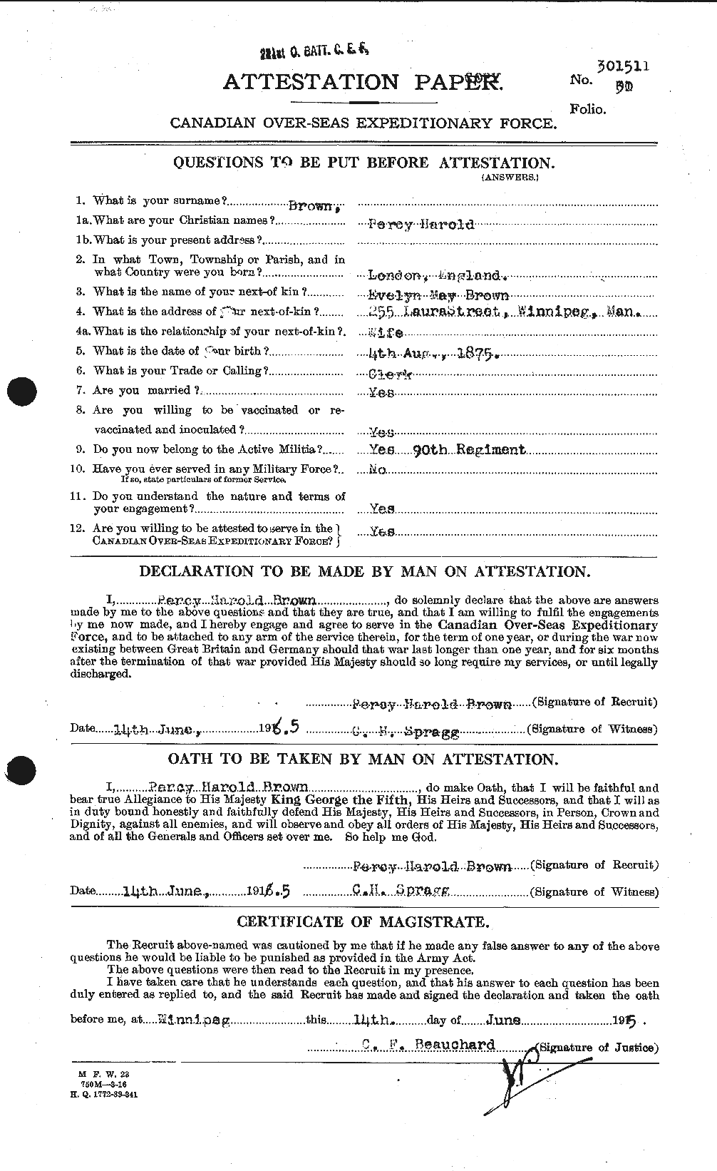 Dossiers du Personnel de la Première Guerre mondiale - CEC 267170a