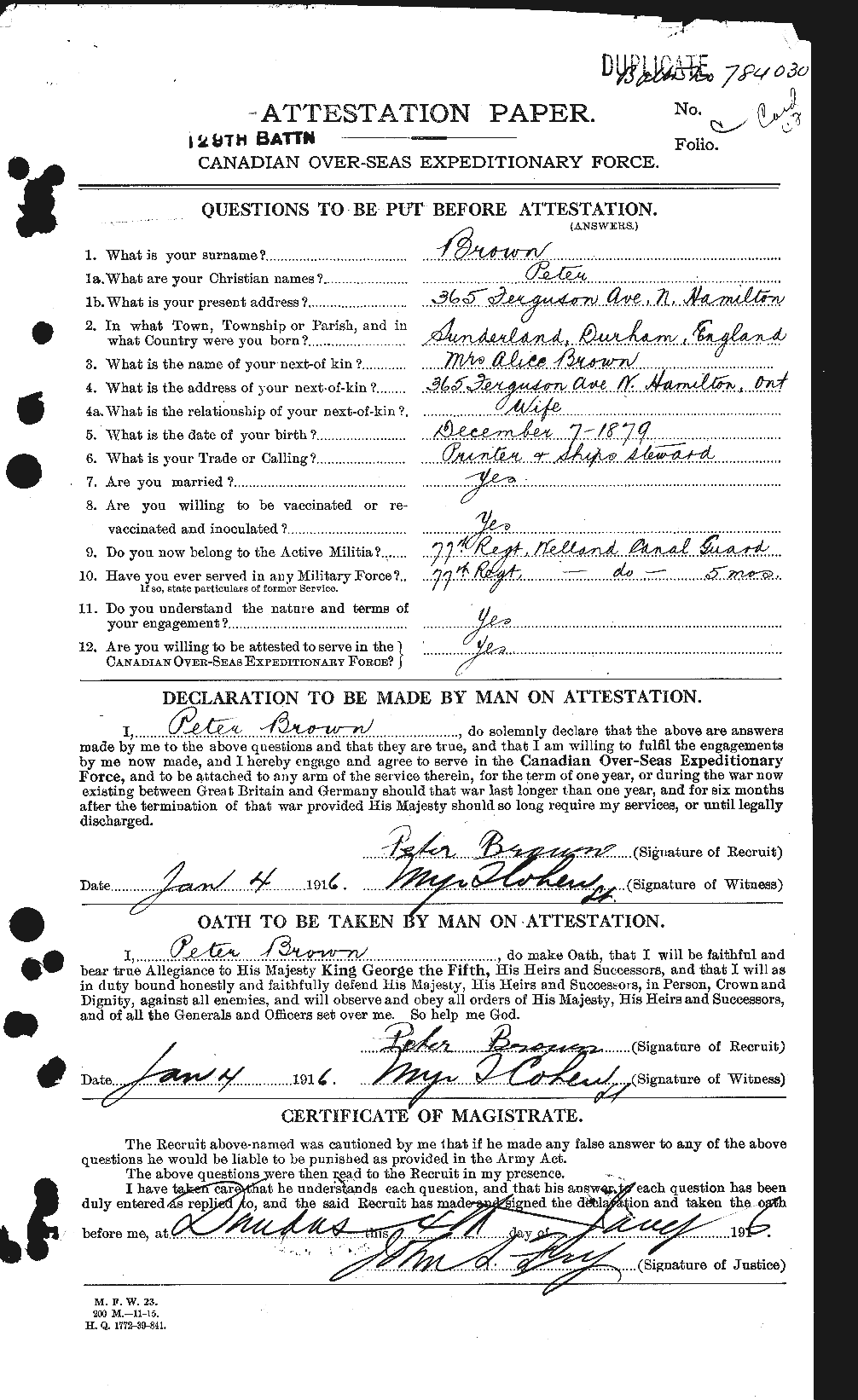 Dossiers du Personnel de la Première Guerre mondiale - CEC 267199a