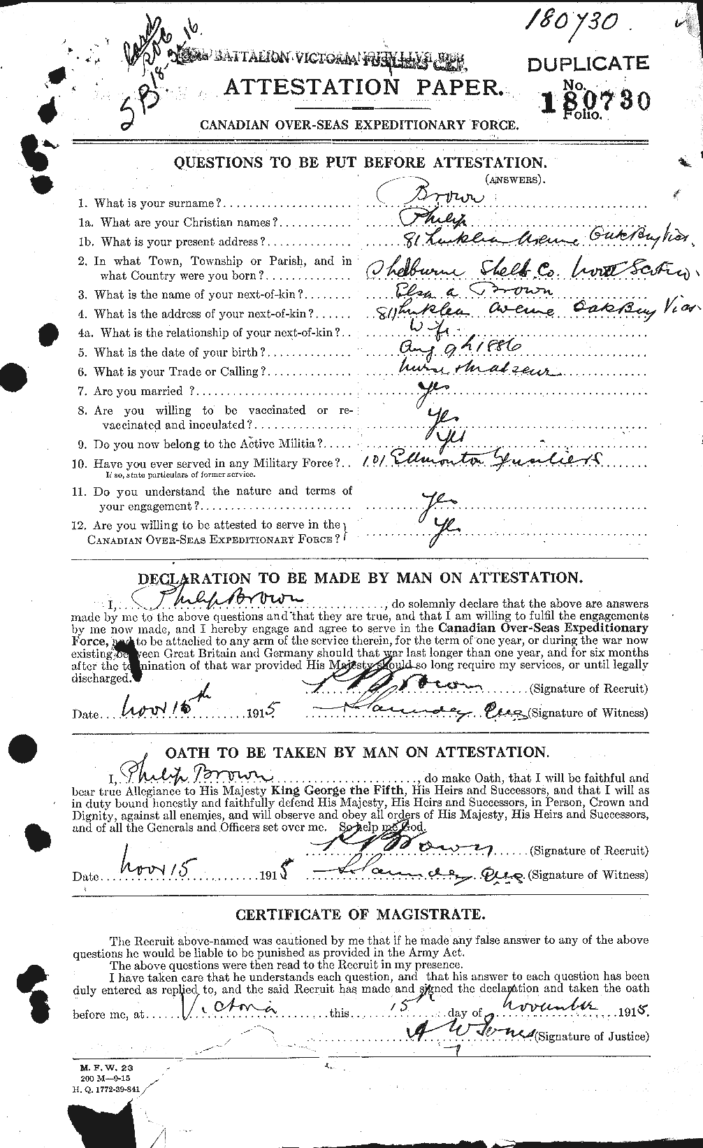 Dossiers du Personnel de la Première Guerre mondiale - CEC 267209a