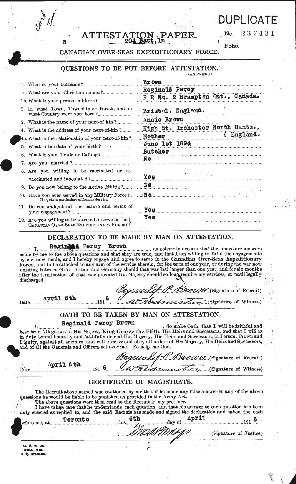Dossiers du Personnel de la Première Guerre mondiale - CEC 267253a