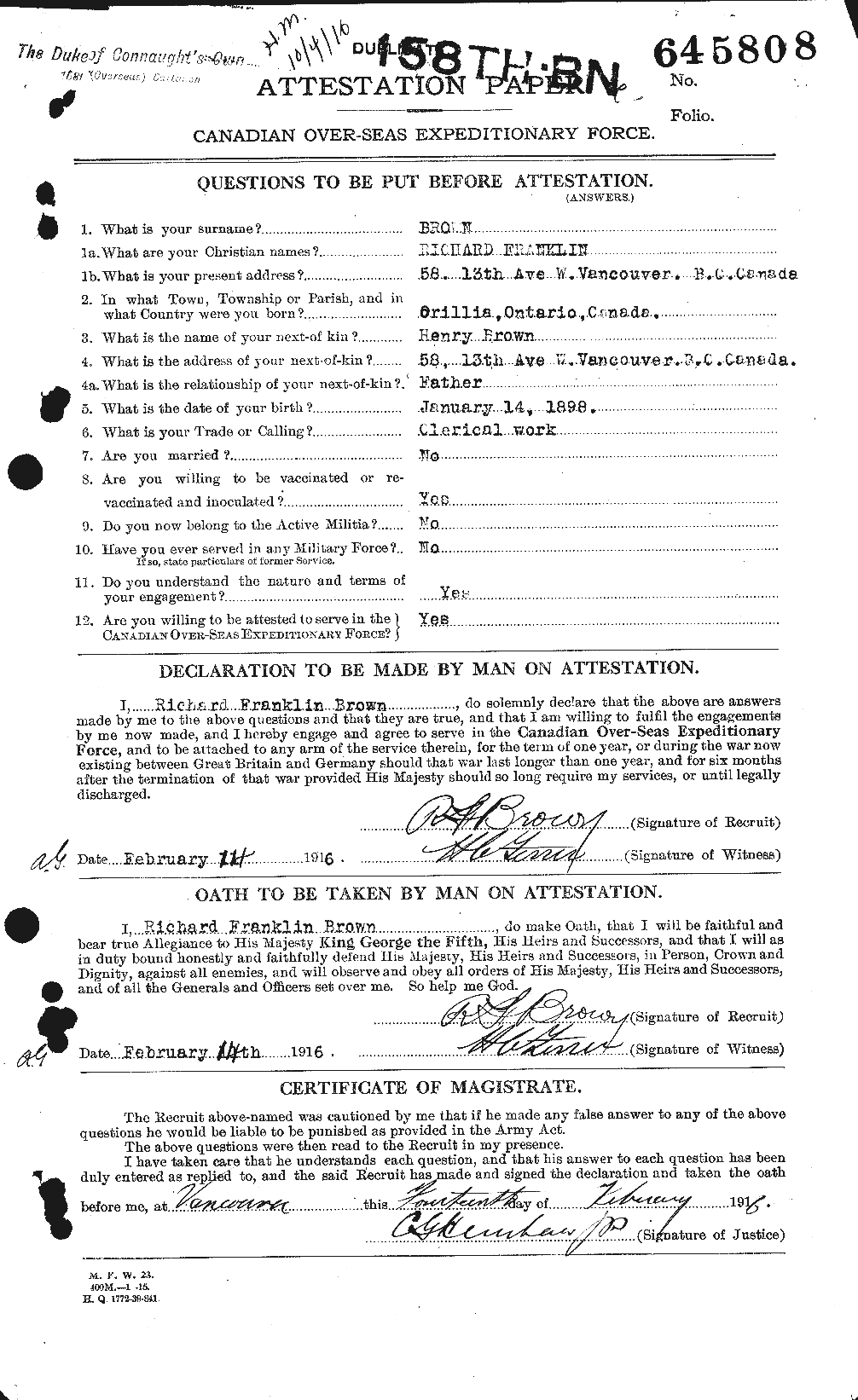 Dossiers du Personnel de la Première Guerre mondiale - CEC 267269a