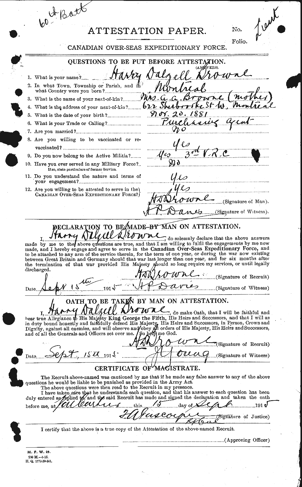 Dossiers du Personnel de la Première Guerre mondiale - CEC 267341a