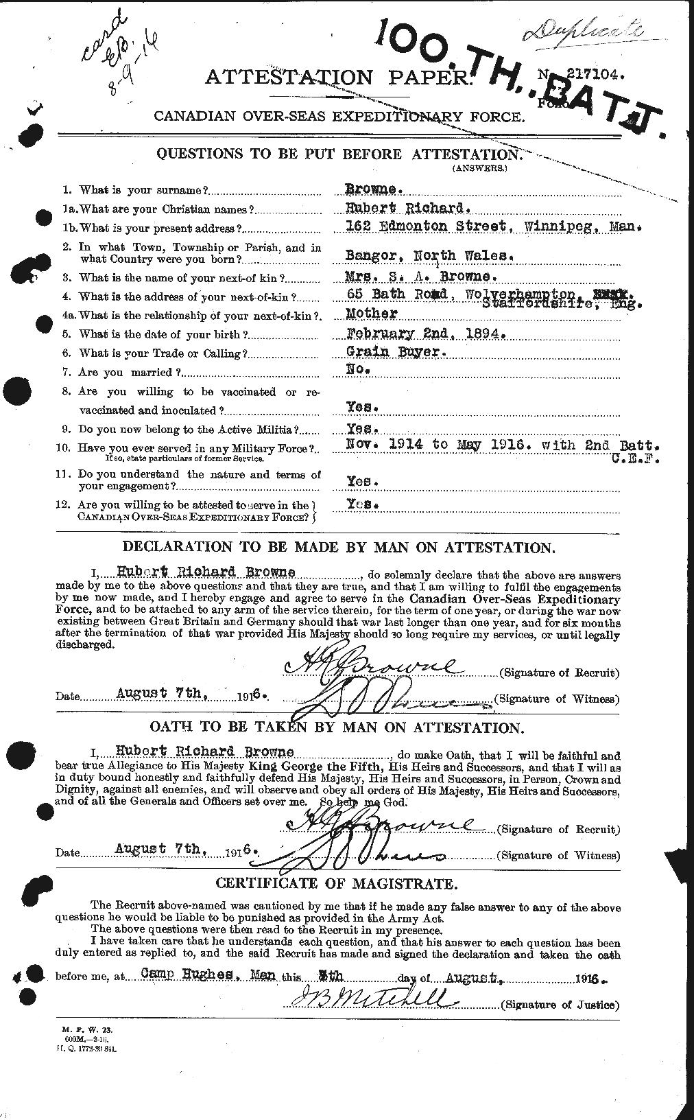 Dossiers du Personnel de la Première Guerre mondiale - CEC 267355a