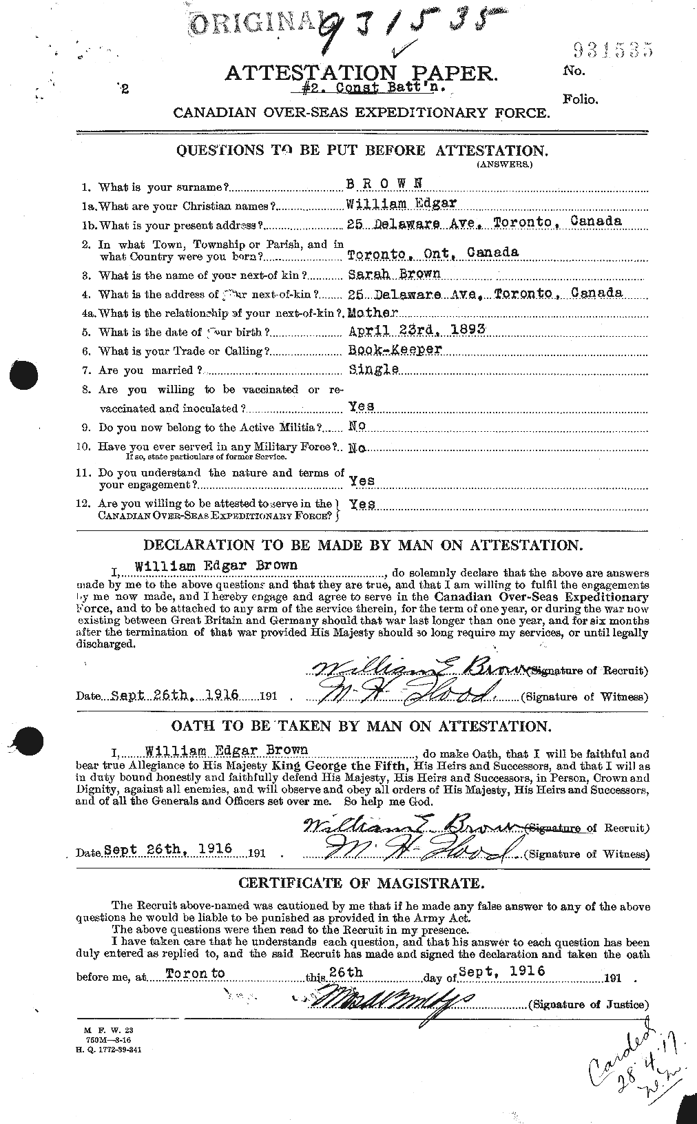 Dossiers du Personnel de la Première Guerre mondiale - CEC 268257a